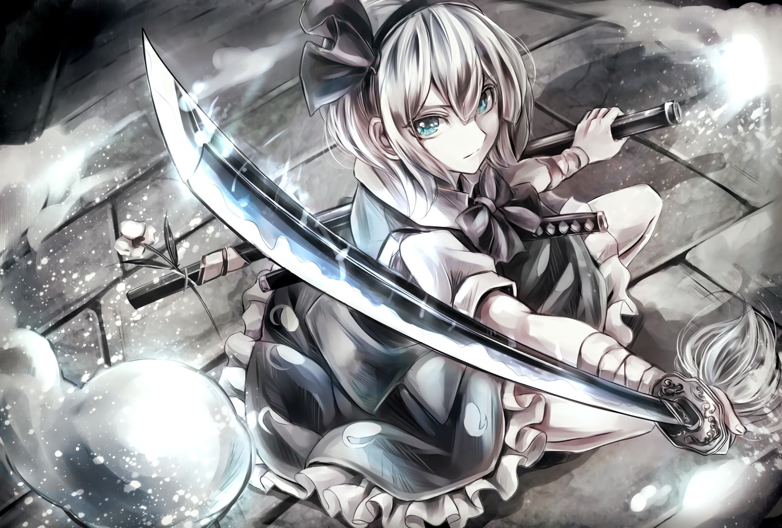 silver colored, manga, high angle view, close-up, metal, warrior, eating utensil, anime, large group of objects, sword, anime girls, still life, childhood, HD Wallpaper