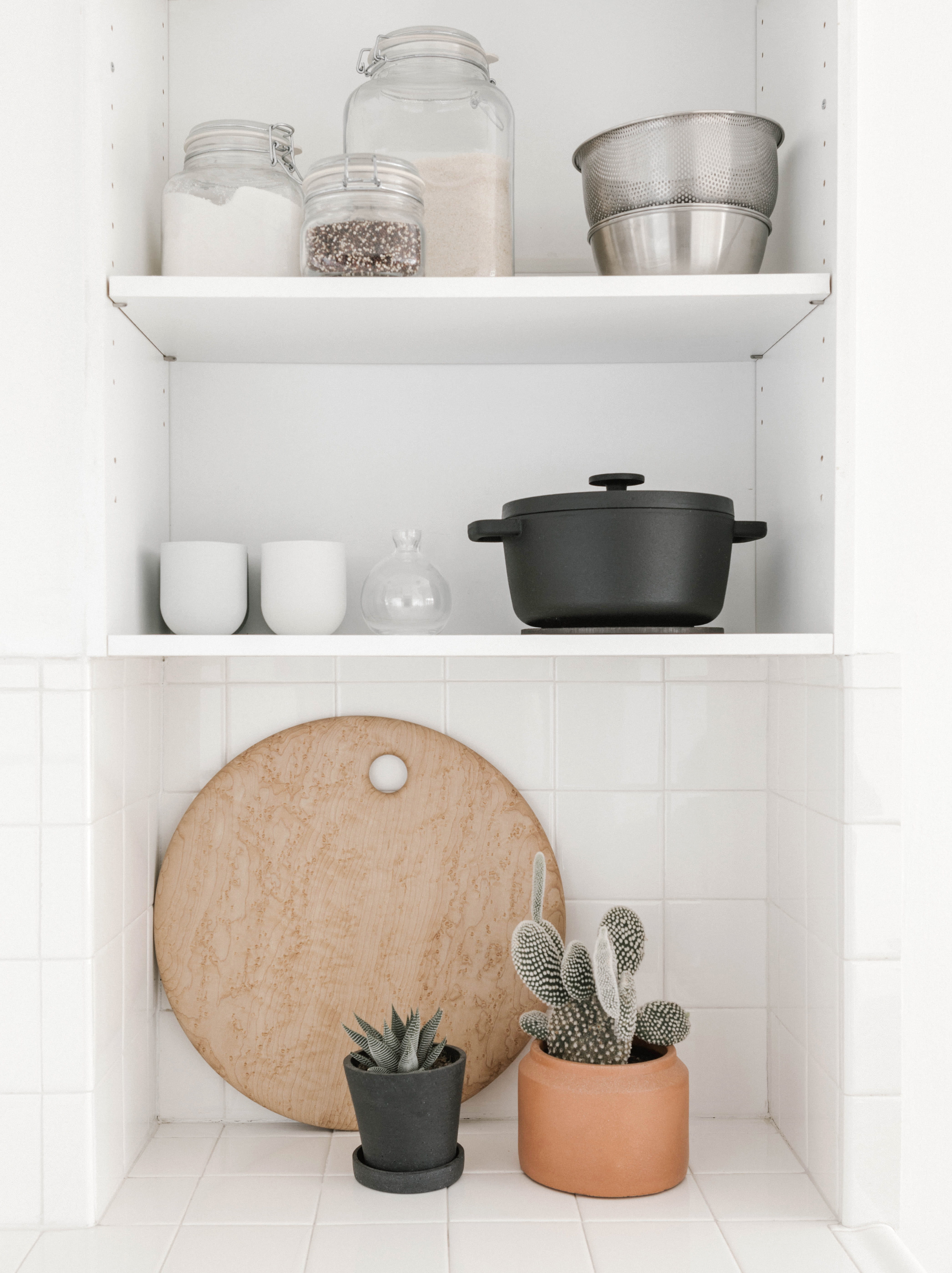 still life, kitchen utensil, indoors, home interior, kitchen, 5K, black, cactus, shelves, domestic room, potted plant, white, shelf, household equipment, Phone HD Wallpaper