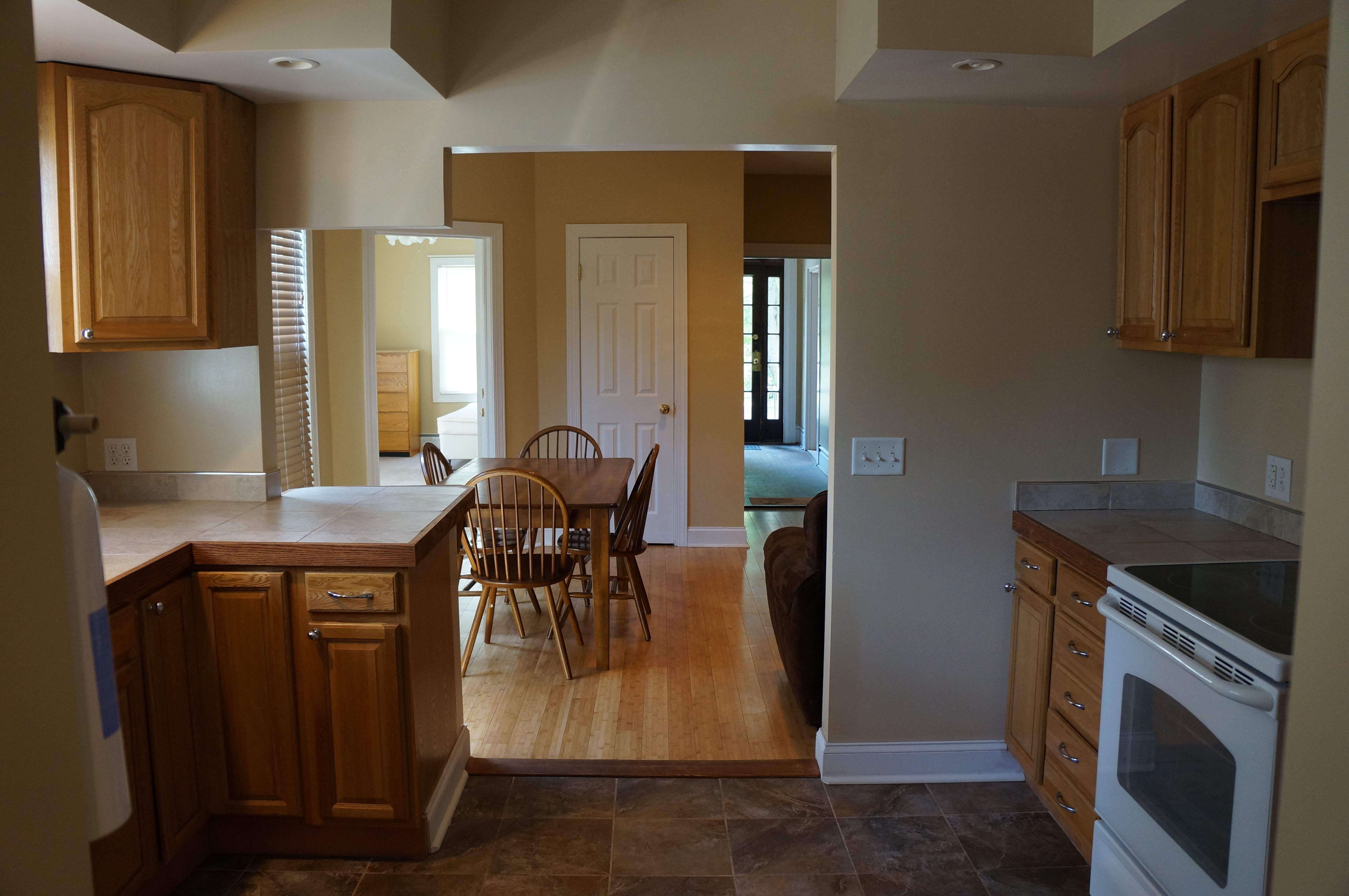 living, eat, apartment, furniture, no people, range, induction, cupboard, tiled floor, wood - material, wood, door, home interior, chair, room, building, HD Wallpaper