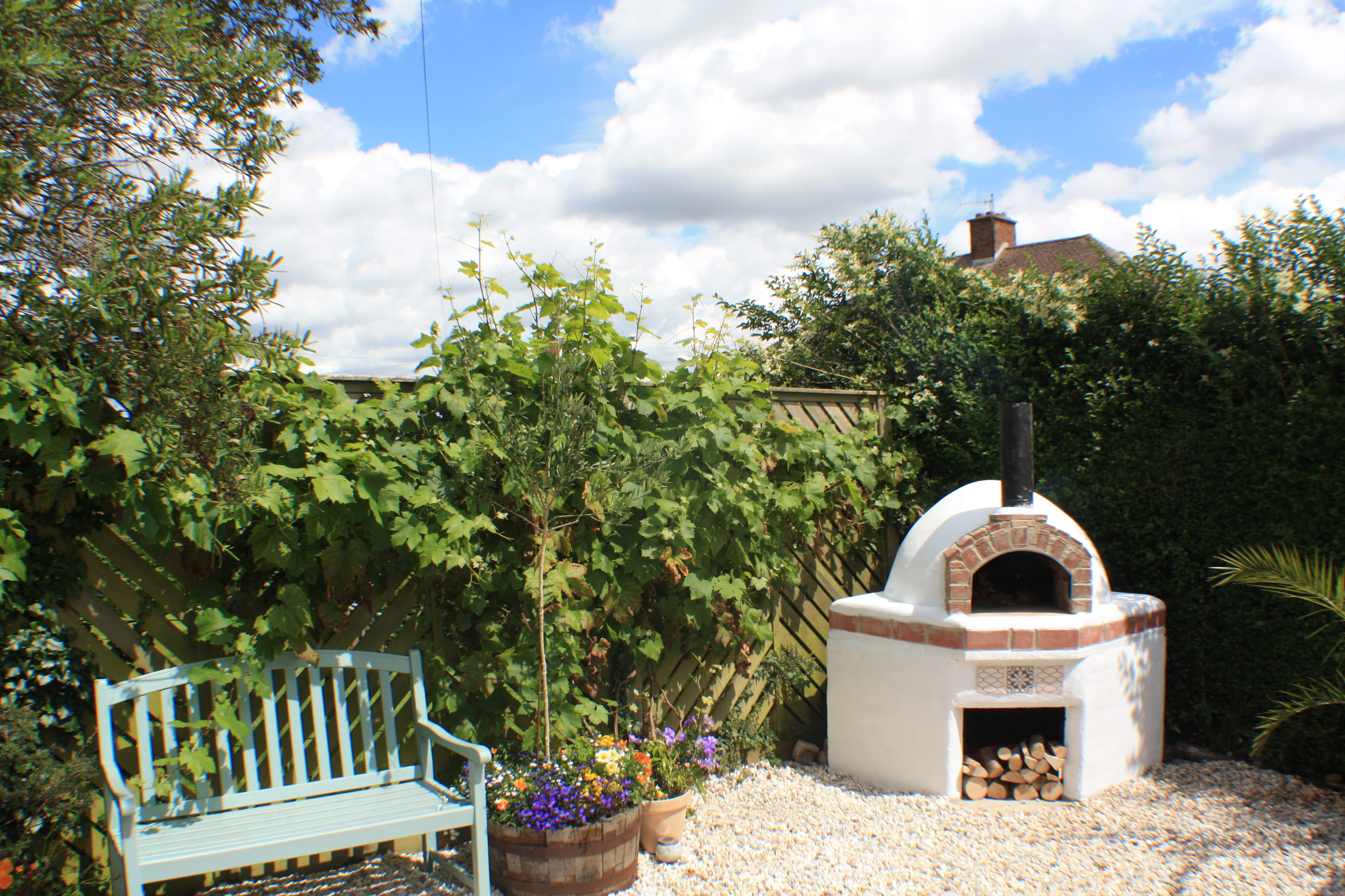 architecture, gardening, wood fired oven, clouds, tree, container, sky, building exterior, plants, growth, bench, potted plant, flower pot, outdoors, hedge, HD Wallpaper
