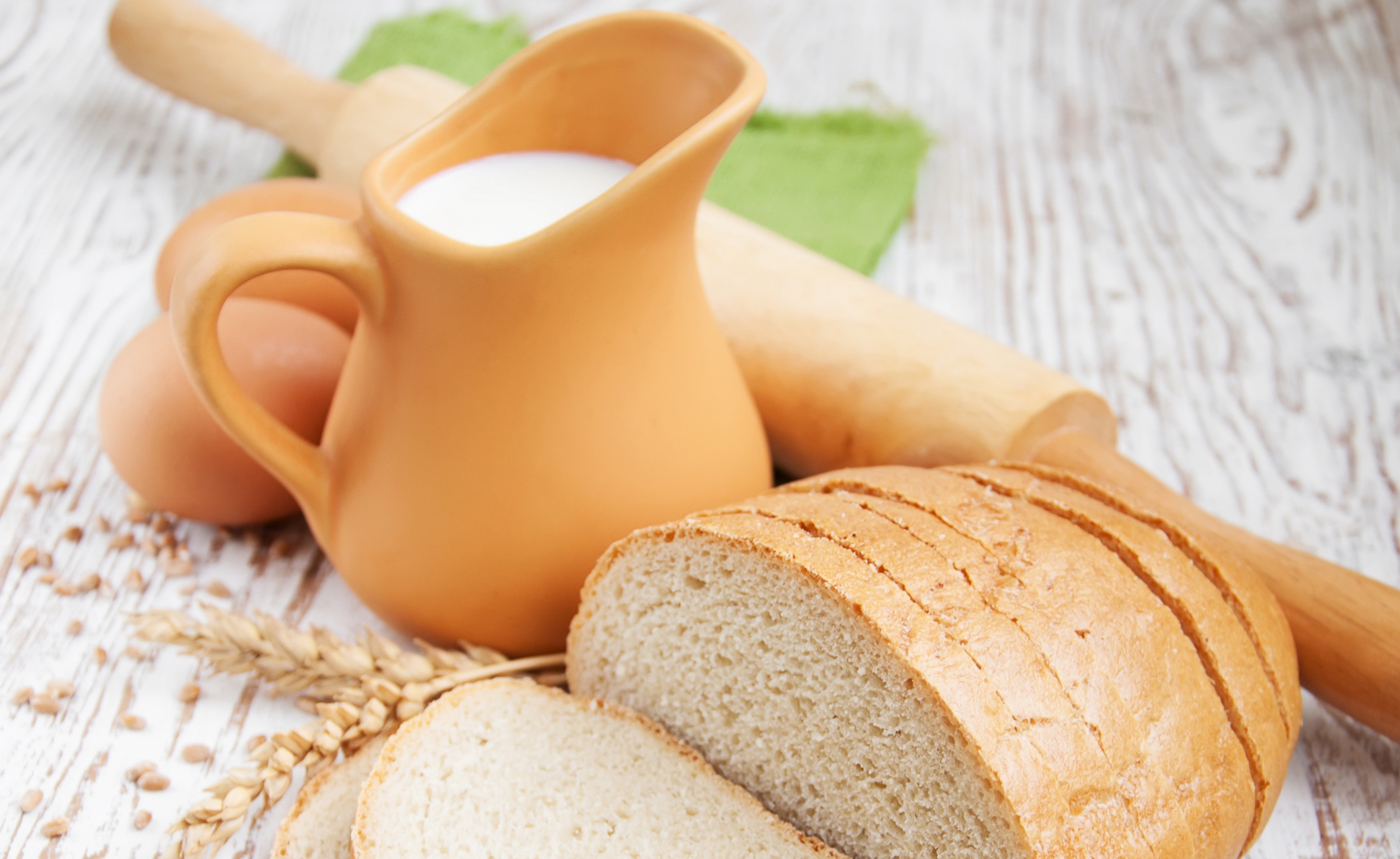 pitcher, bread, eggs, milk, 5K, rolling pin, HD Wallpaper