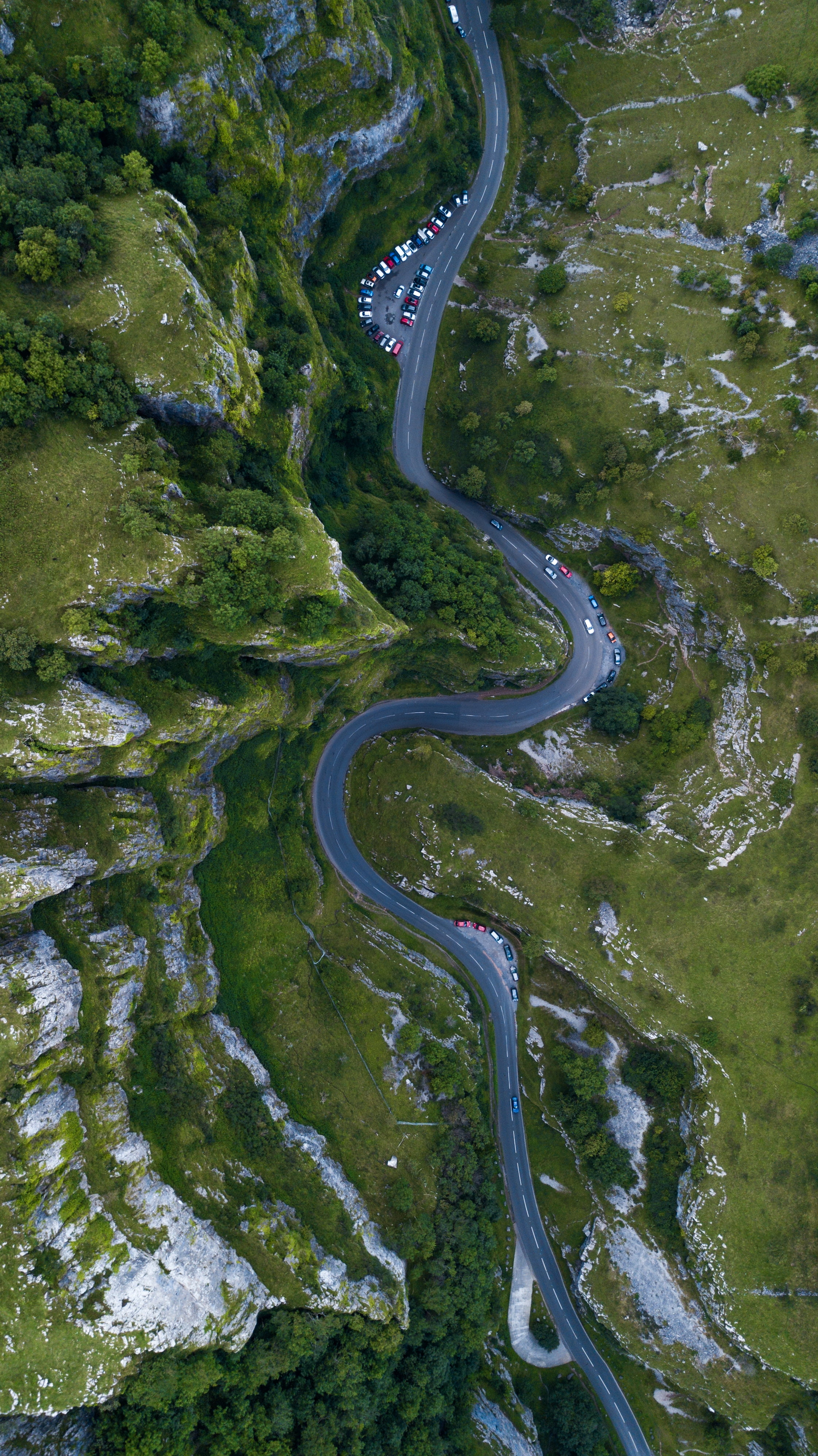 winding, mountain, sky, nature, land, top view, road, mountains, green color, cars, winding road, united kingdom, 4K, high angle view, landscape, transportation, Phone HD Wallpaper