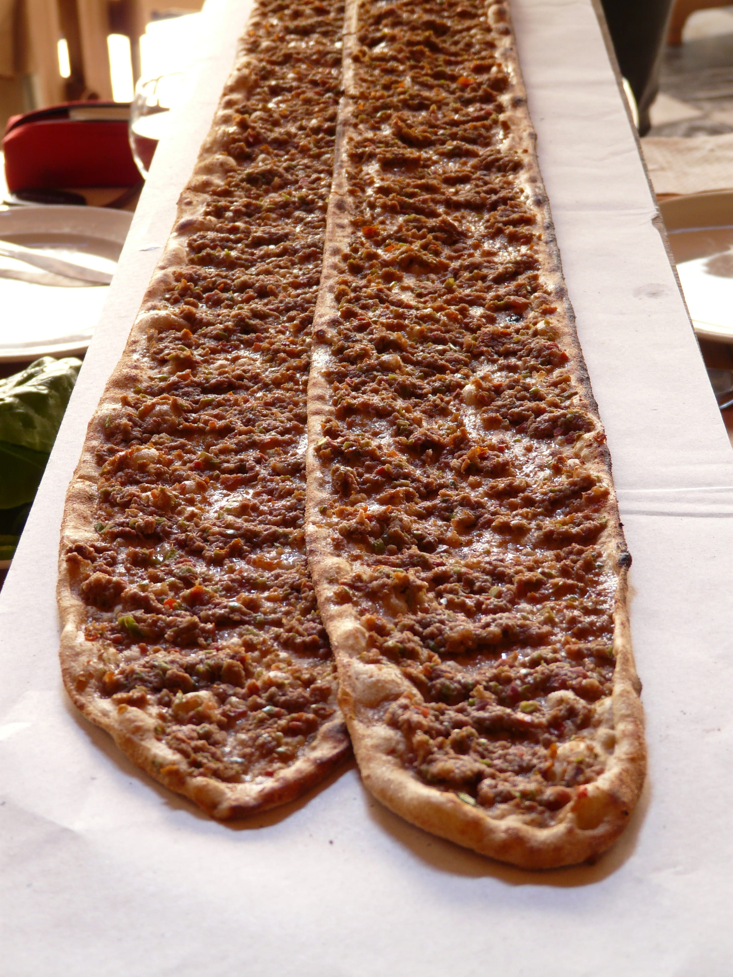 in a row, ready-to-eat, pizza, 2K, Turkish Pizza, slice, still life, brown, tray, plate, delicious, Flat, temptation, close-up, dough, order, two, restaurant, Phone HD Wallpaper