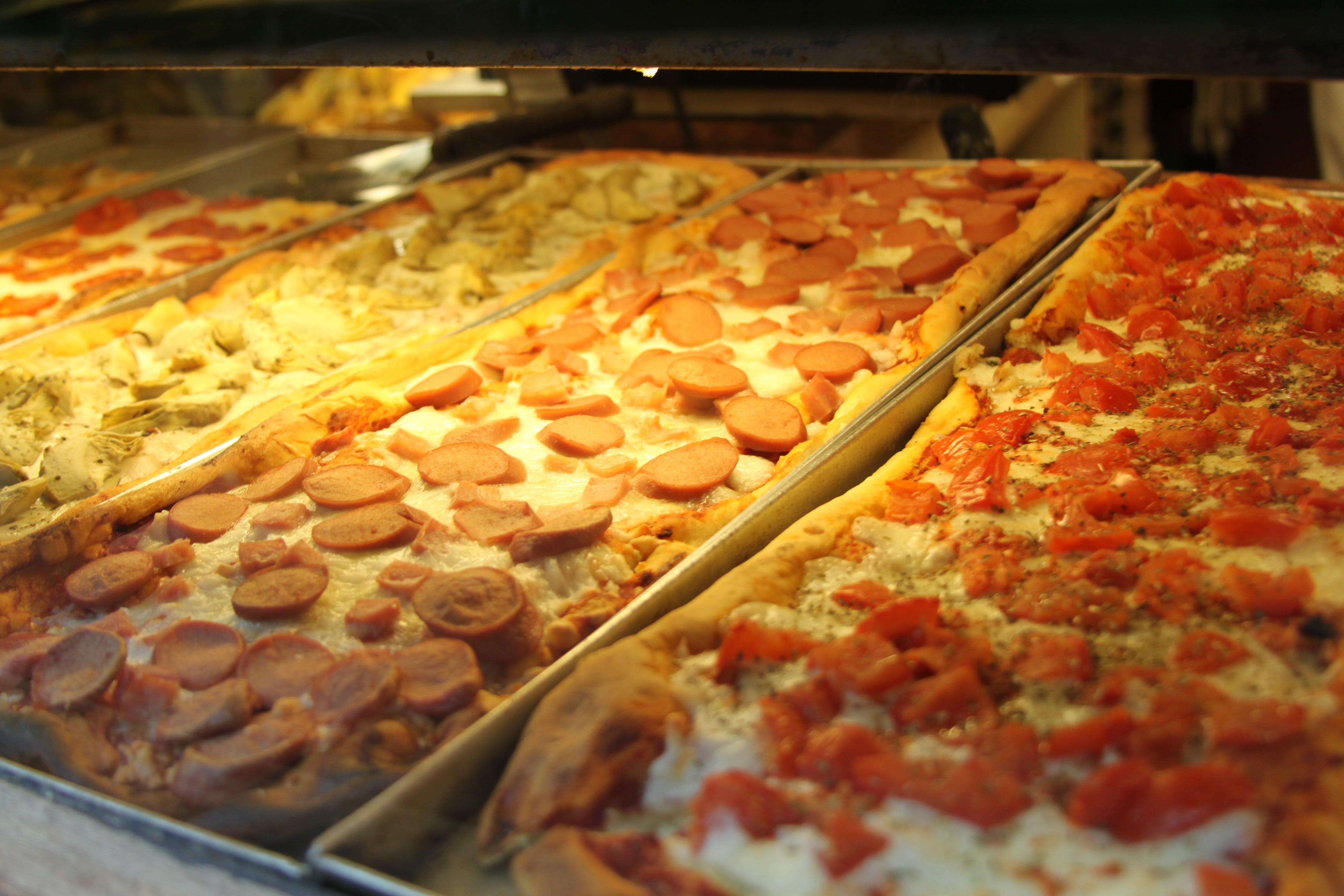 pizzas, sweet food, snack, dough, close-up, peperoni, dinner, abundance, ham, choice, sausage, sauce, cooked, junk, store, tomato, gourmet, crust, still life, HD Wallpaper