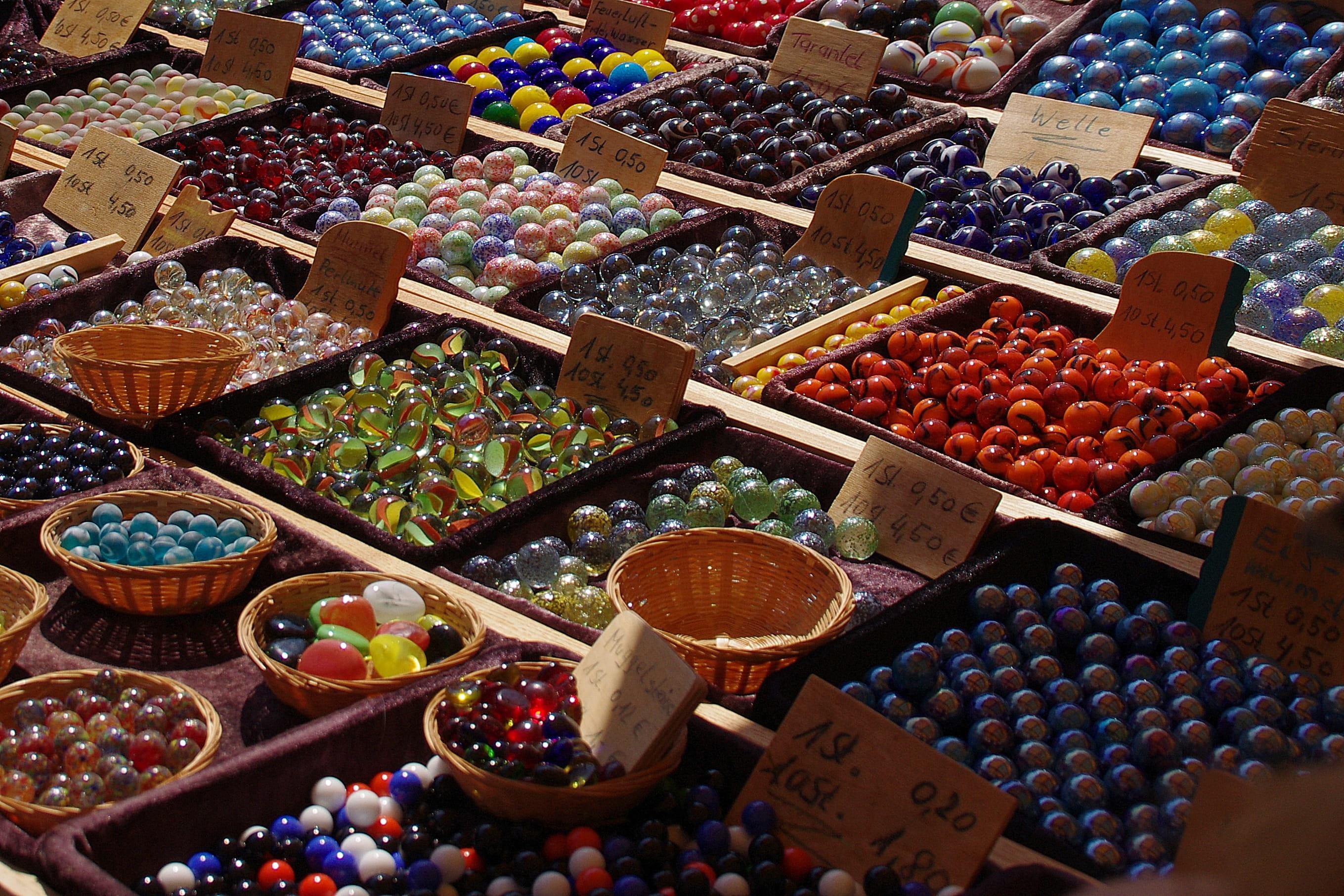 Glass, container, toys, glass marbles, multi colored, freshness, day, still life, market Stall, indoors, Colorful, sale, abundance, pearl, choice, high angle view, HD Wallpaper