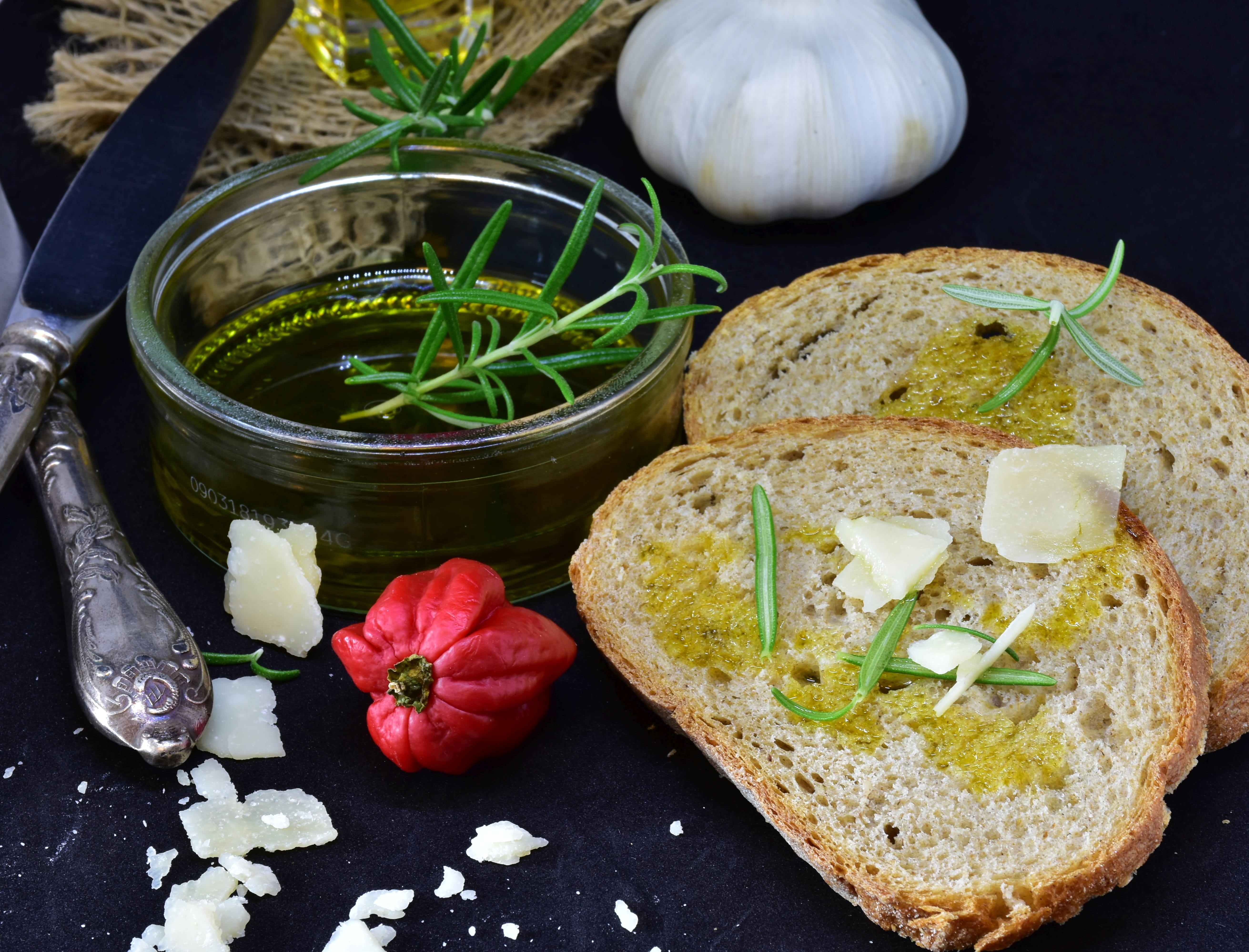food and drink, indoors, no people, tasty, nutrition, thyme, onion, wellbeing, cook, food, still life, eat, herb, table, kitchen, olive oil, bread, garlic, HD Wallpaper