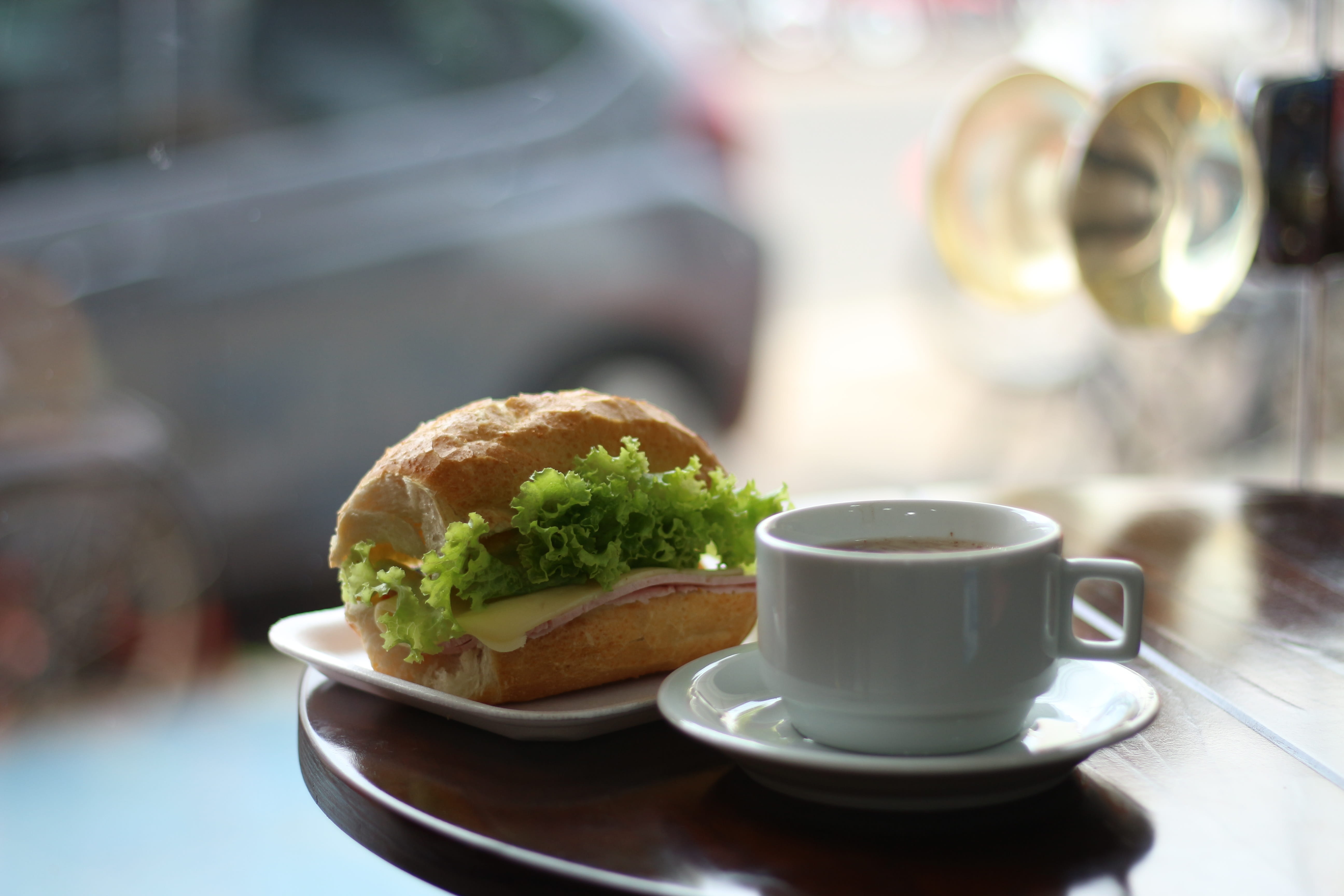 glass, saucer, sandwich, breakfast, cafe, coffee - drink, table, meal, restaurant, focus on foreground, cup, bread, plate, coffee, close-up, coffee cup, HD Wallpaper
