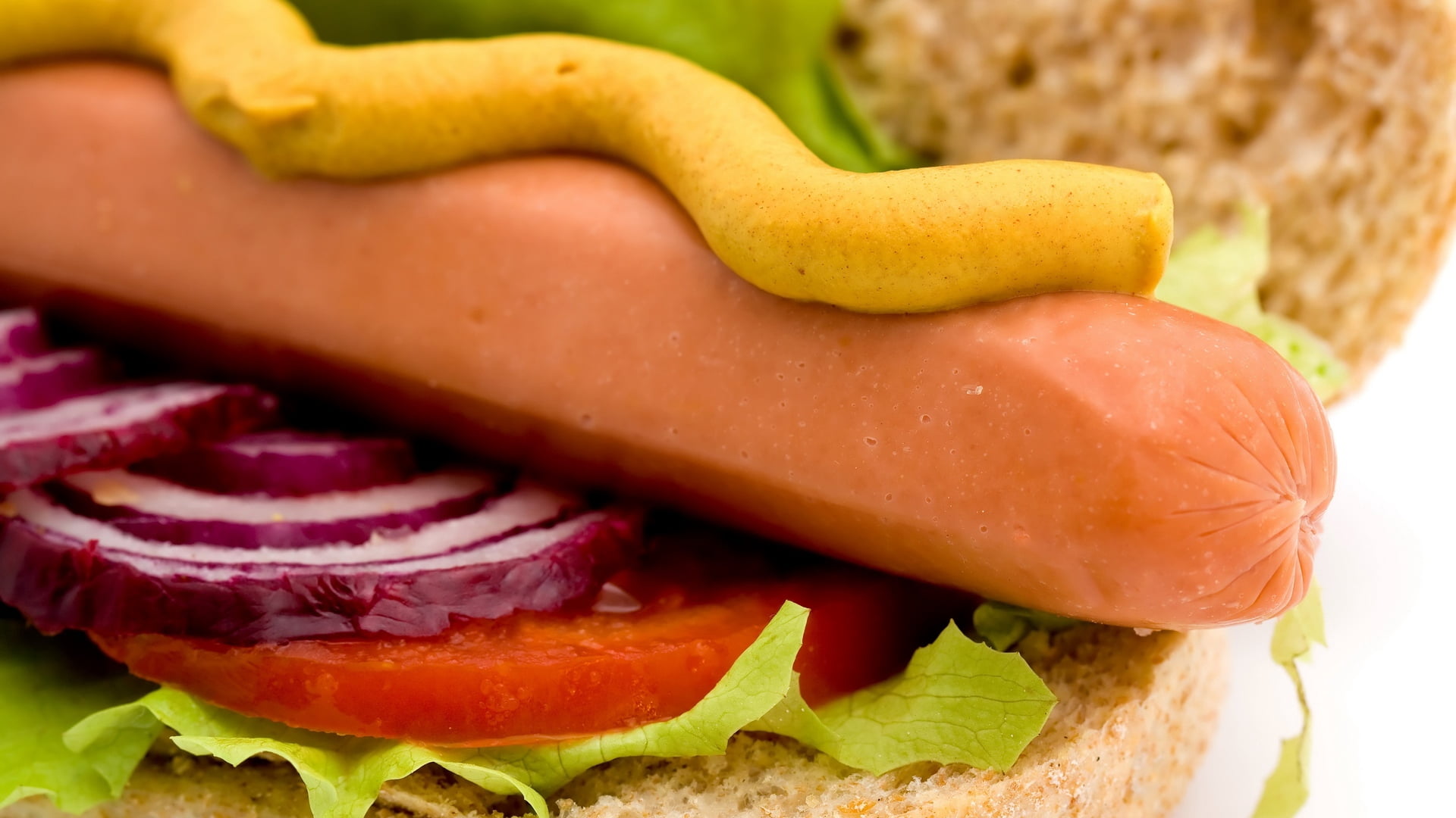 healthy eating, food, breakfast, sausage, hamburger, lettuce, hotdog, 1080P, food and drink, sandwich, ripe, bread, vegetable, mustard, tomato, snack, HD Wallpaper