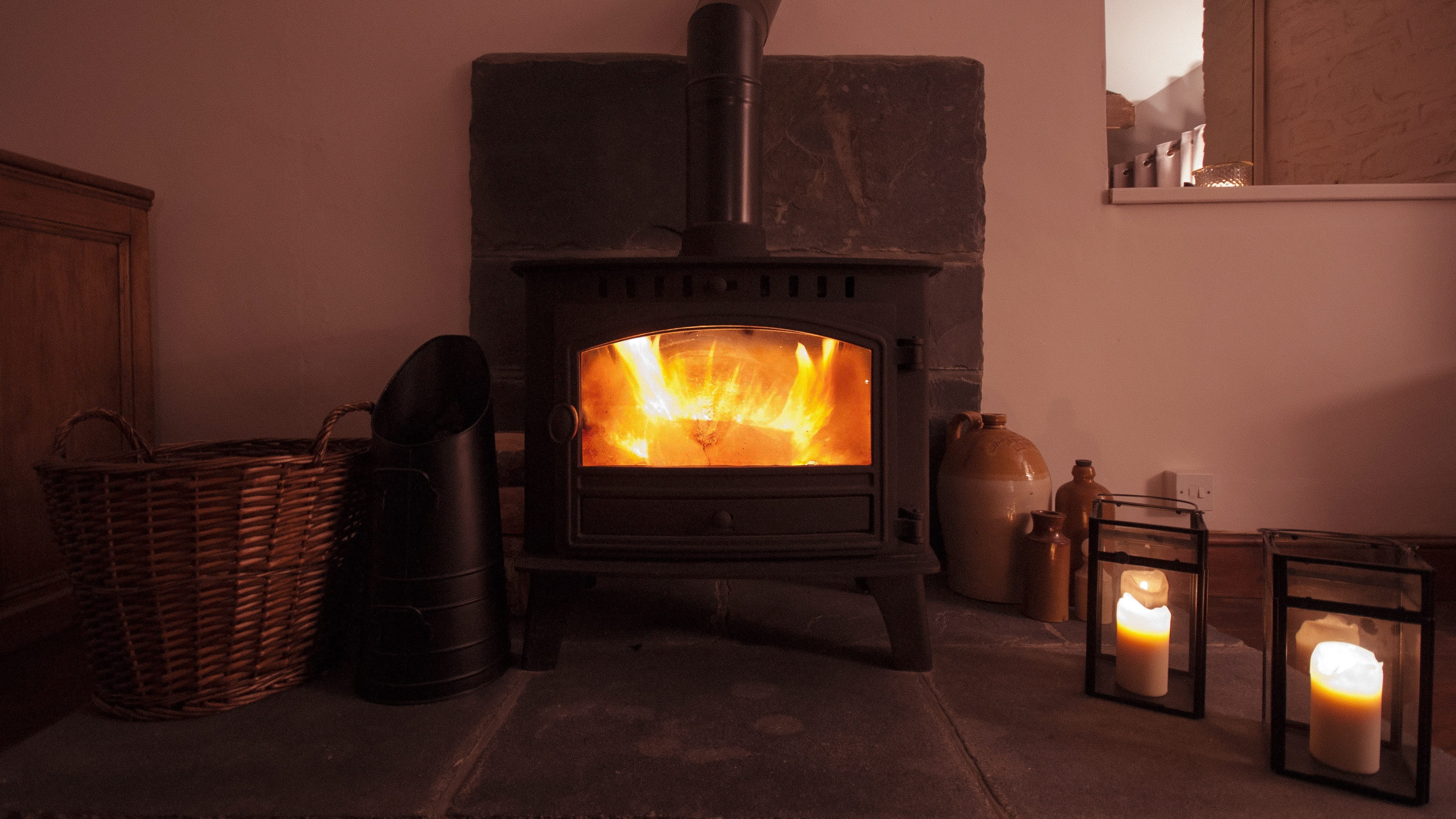 home interior, home, flame, inside, domestic life, illuminated, room, oven, light, nature, burning, heat - temperature, stove, indoors, candle, basket, HD Wallpaper