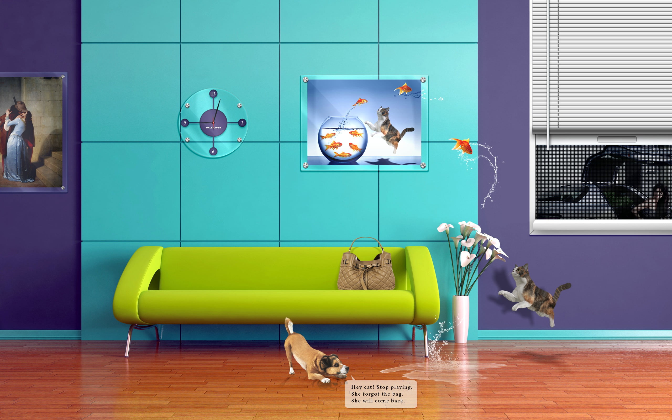 art and craft, green, wall - building feature, mammal, indoors, 2K, flooring, human representation, pets, home interior, domestic room, table, layer, blue, HD Wallpaper