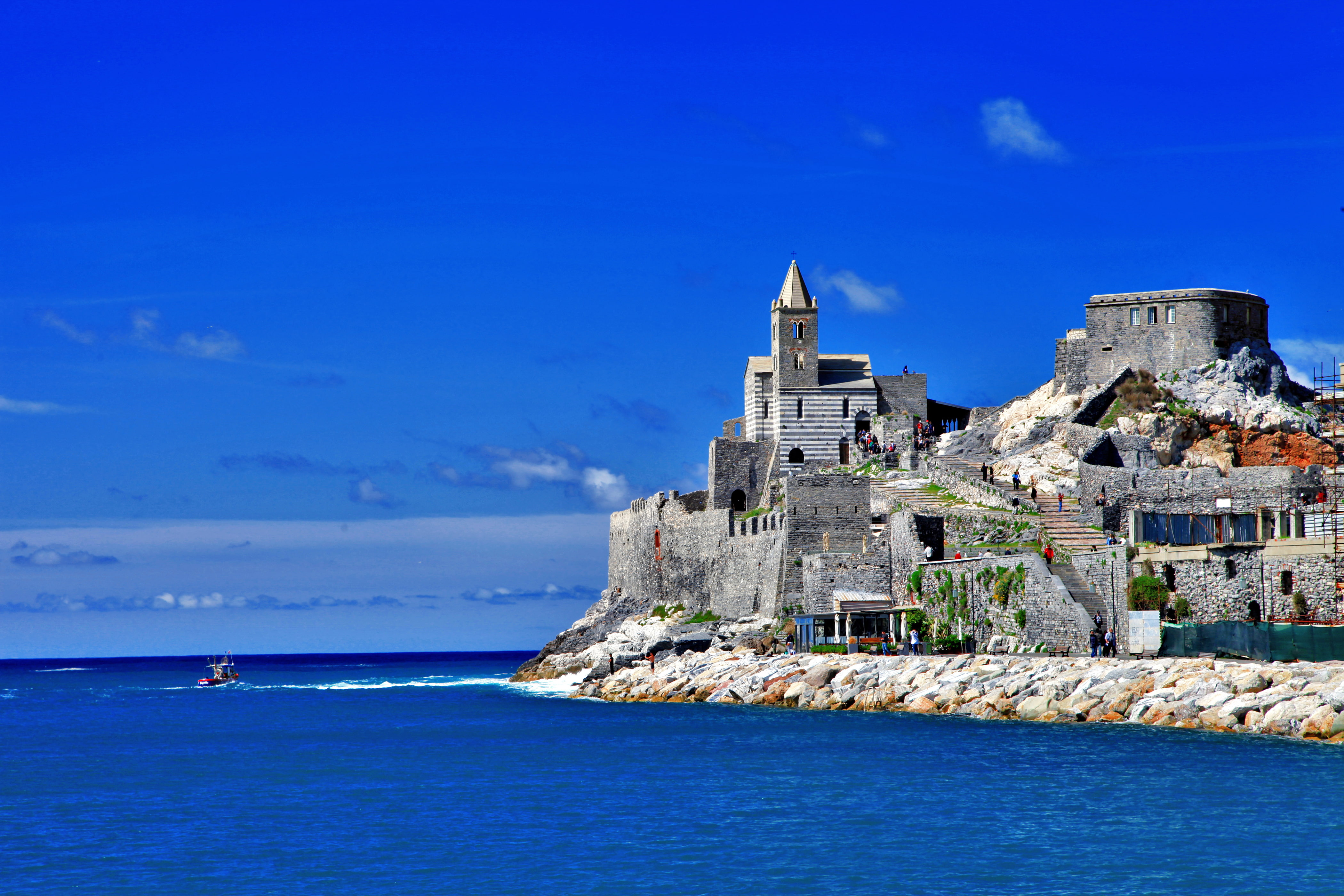 travel, history, the sky, iglesia, venere, 4K, nature, Church, architecture, the past, medieval, tower, Portovenere, sky, scenics - nature, boat, Cinque Terre, HD Wallpaper