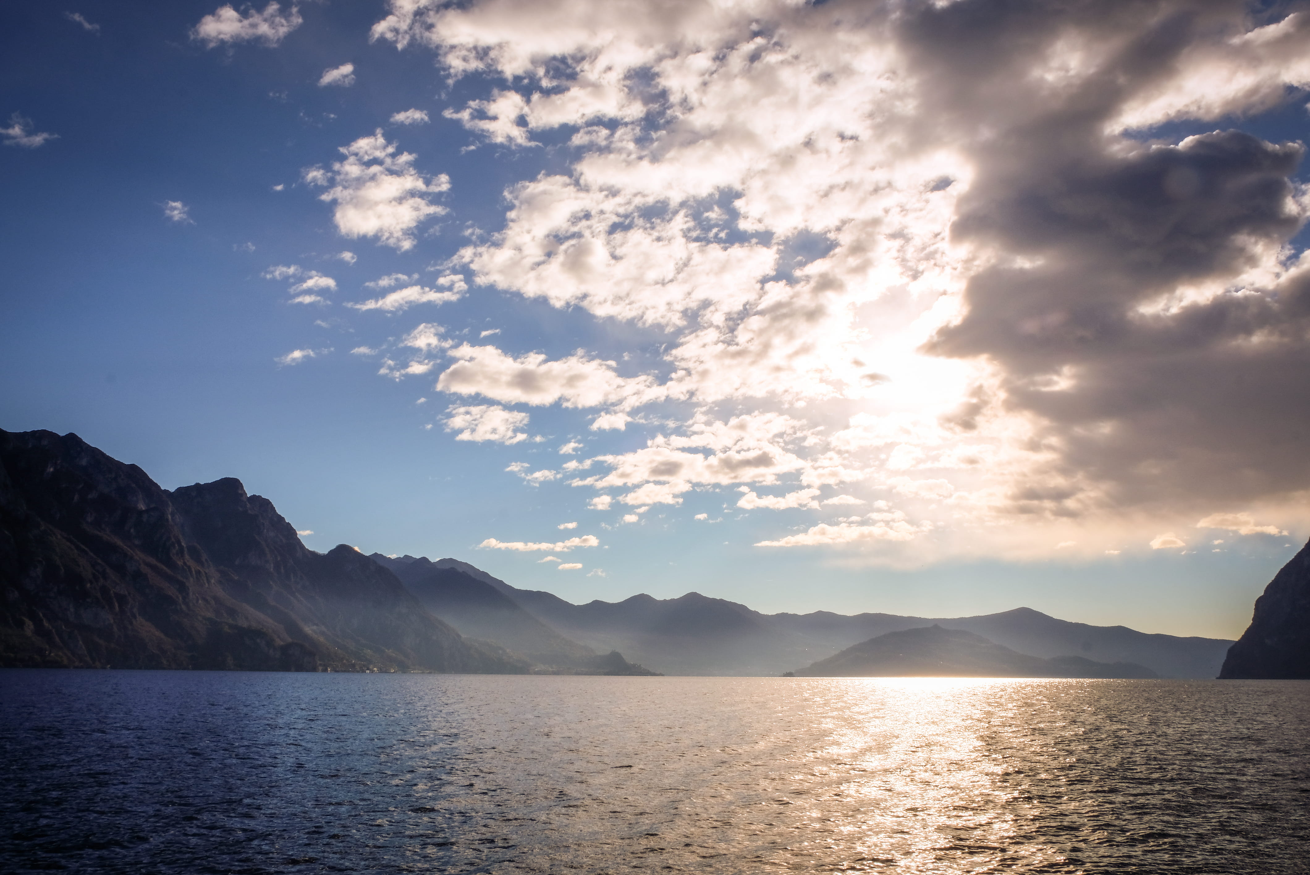 lago, lago di iseo, reflection, beauty in nature, landscape, 4K, cloudy, cloud - sky, italia, tranquil scene, outdoors, sunlight, sunset, water, android, HD Wallpaper