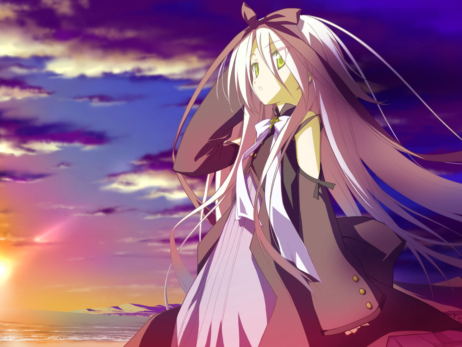 multi colored, character, beach, outdoors, hoshizora no memoria, blue, hmare s ephemeral, anime, sea, tranquility, tranquil scene, purple, nature, no people, HD Wallpaper