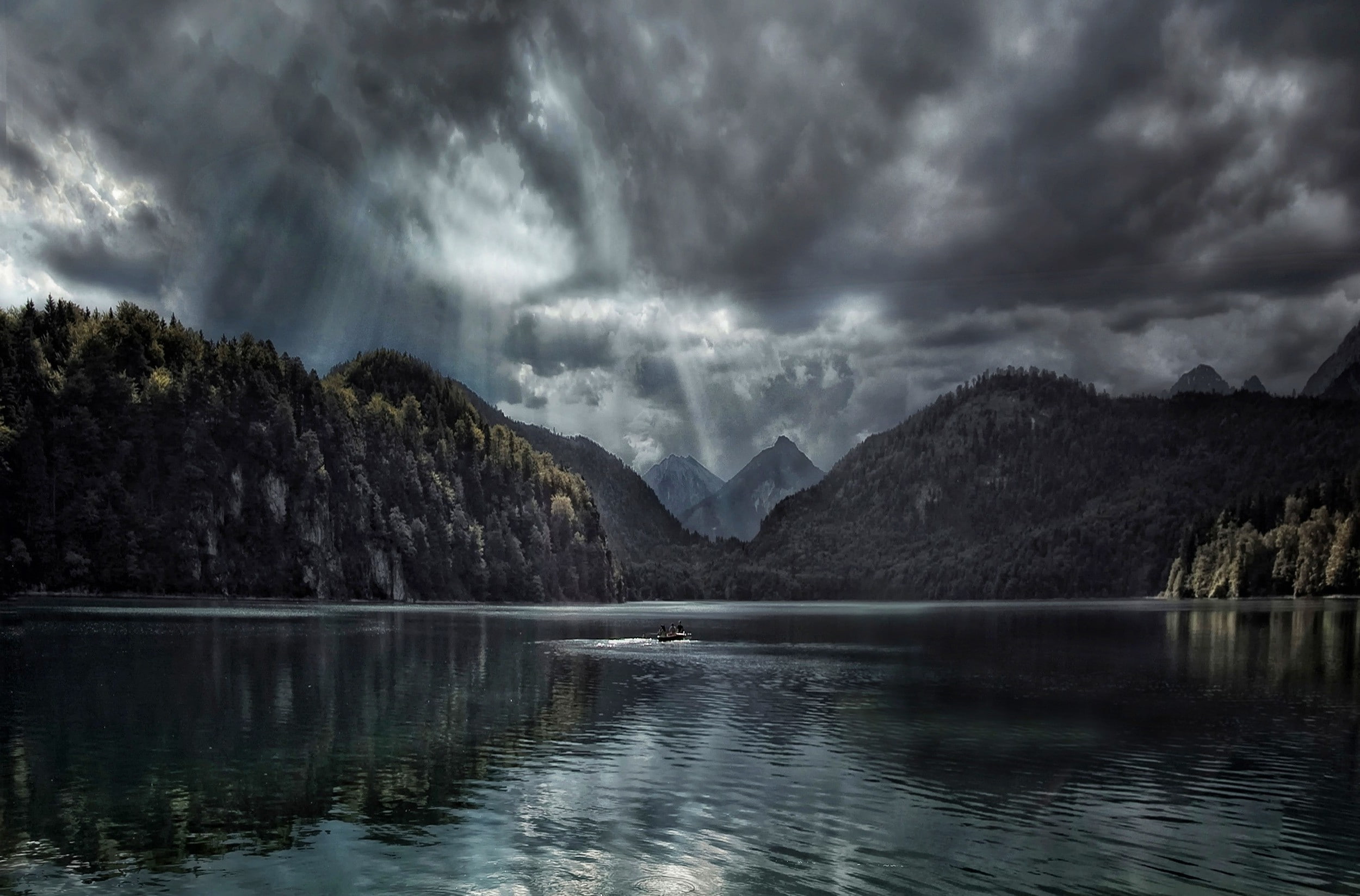 Germany, boat, clouds, nature, landscape, 1080P, lake, Dark, forest, Sun Rays, photography, mountains, HD Wallpaper