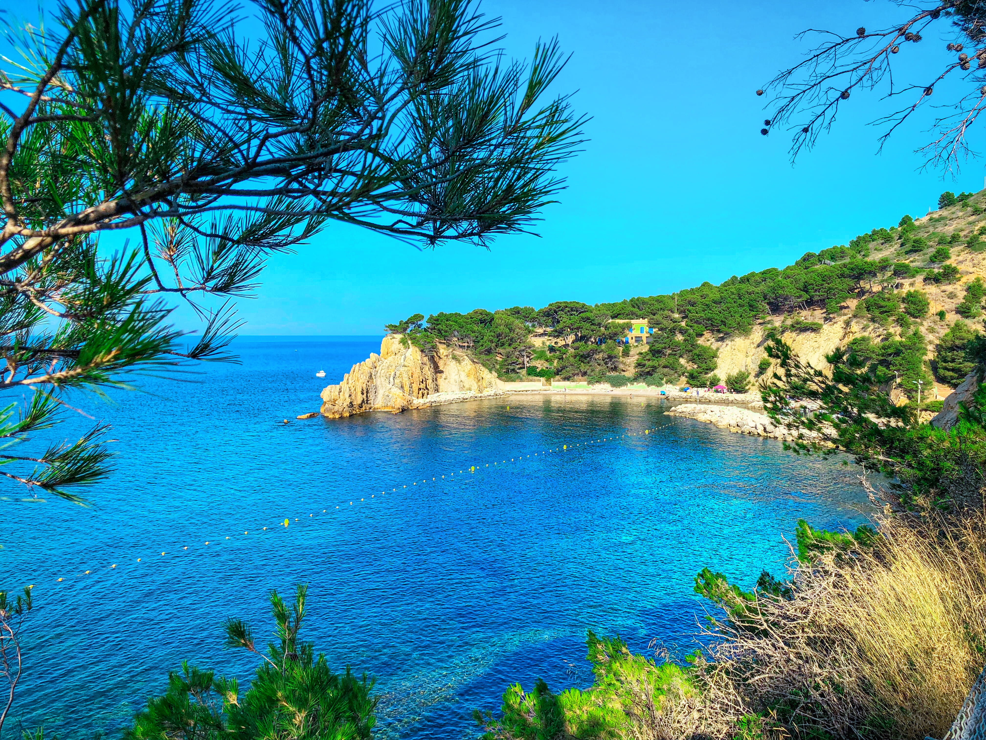 sky, nature, cassis, 4K, tree, beauty in nature, tranquility, mountain, rocky coastline, france, sea, tranquil scene, clear sky, plant, scenics - nature, HD Wallpaper
