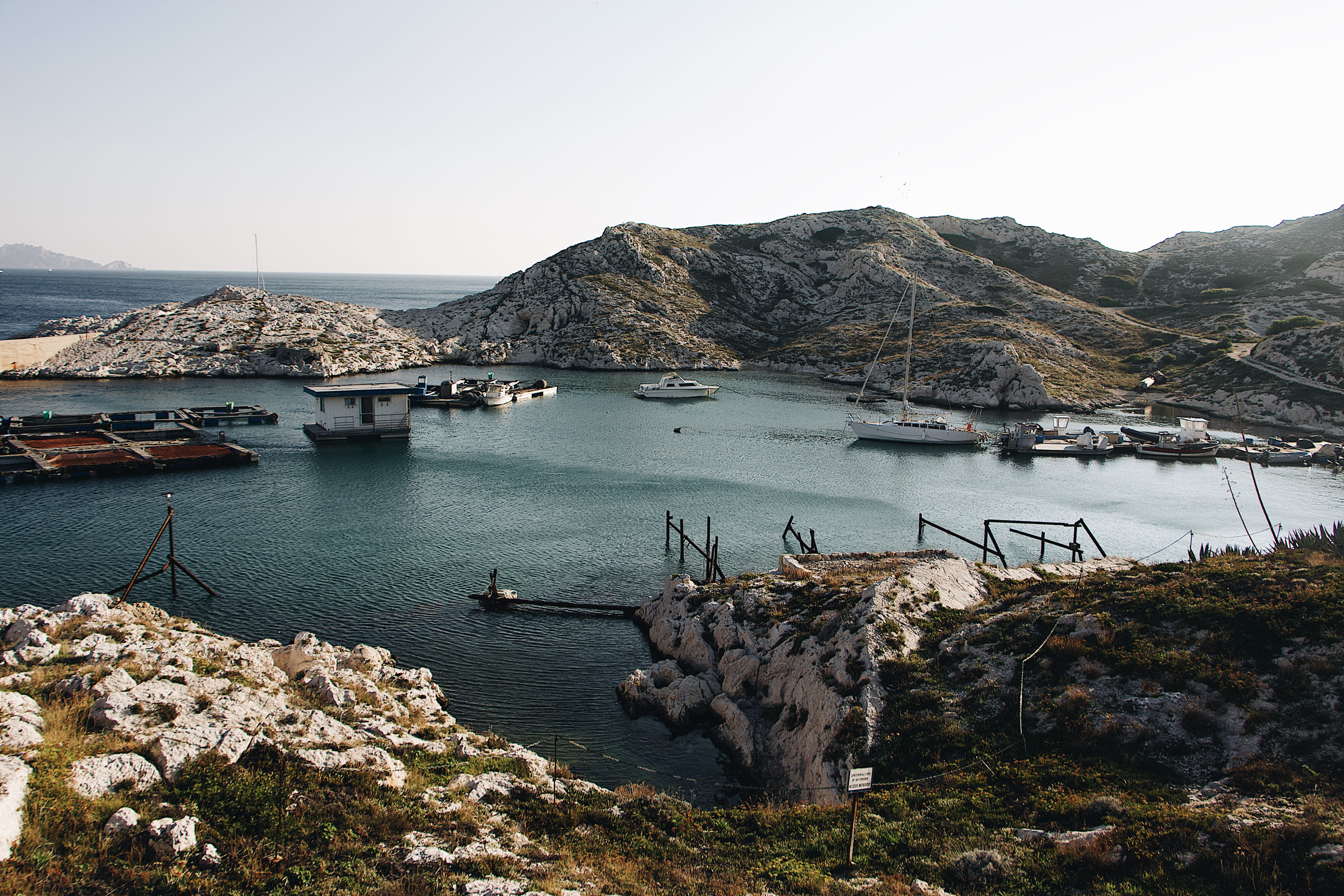 day, rock, built structure, nature, water, clear sky, transportation, sky, boats, scenics - nature, bay, mode of transportation, outdoors, 5K, ile du frioul, HD Wallpaper