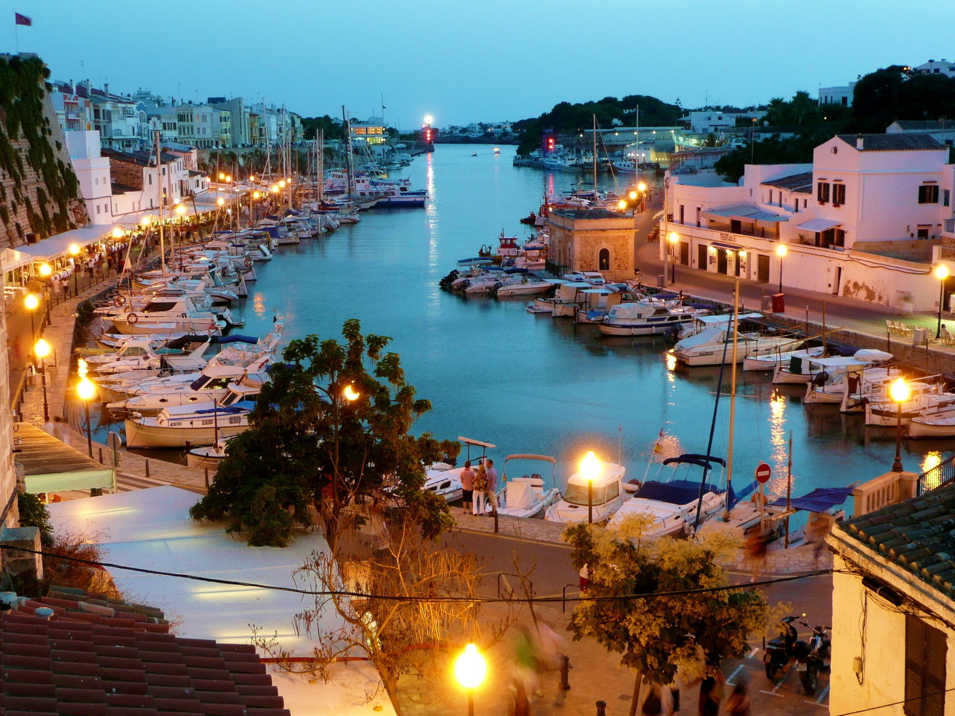 spain, houses, ciutadella, 1080P, balearic, boats, islands, rivers, HD Wallpaper