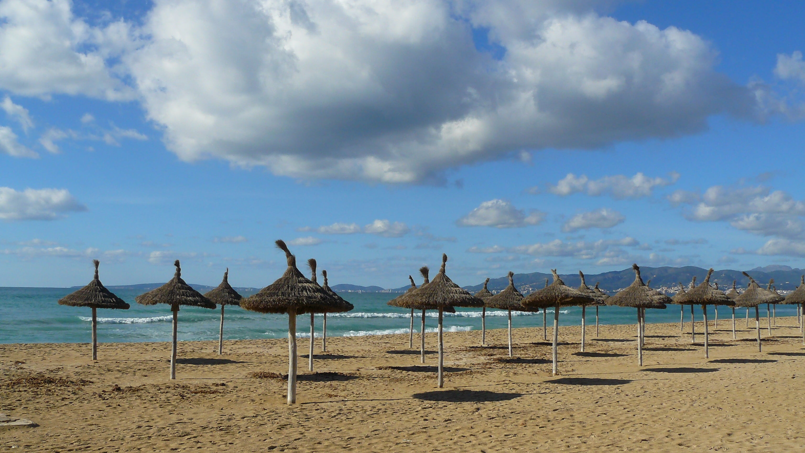 mediterranean, travel, horizon over water, tranquility, south, parasols, beauty in nature, tranquil scene, umbrella, sand, sea, 2K, no people, sand beach, HD Wallpaper