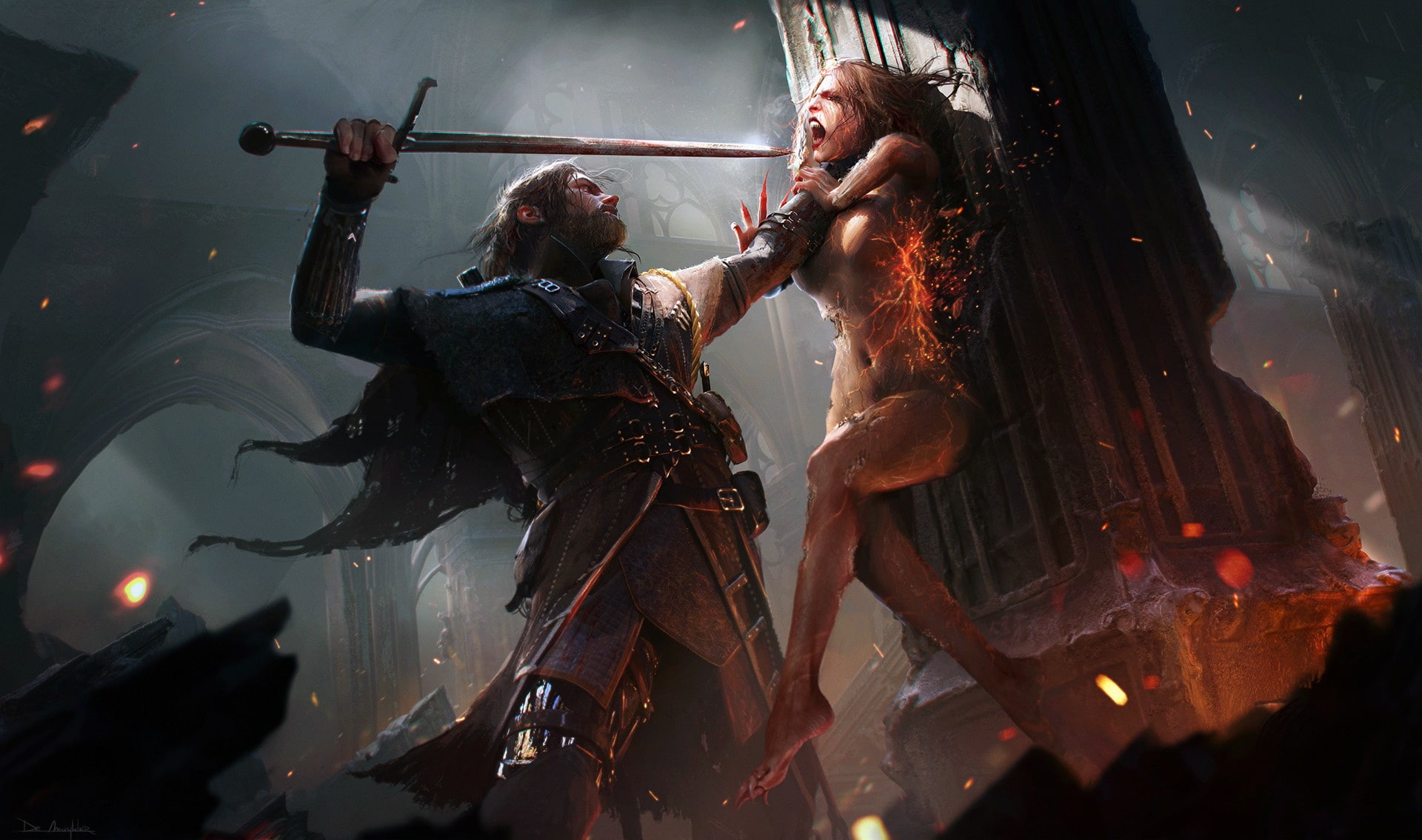 column, 1080P, artwork, sword, dark, armor, red eyes, weapon, sparks, witch, fantasy art, blood, fantasy, fire, Warrior, HD Wallpaper