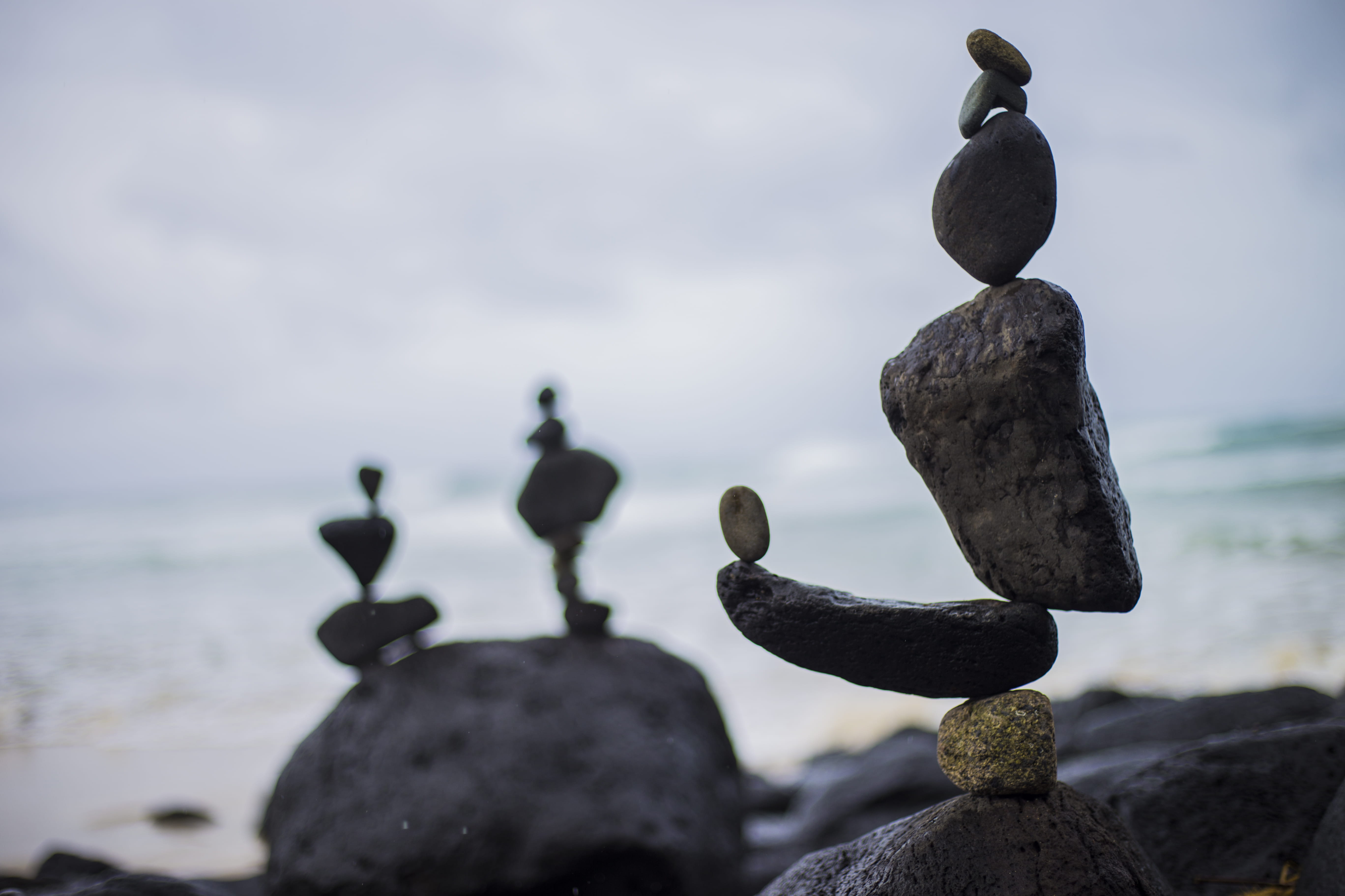 focus on foreground, cloud - sky, stack, beach, day, stone - object, photography, 5K, balance, seascape, water, close-up, daylight, depth of field, landscape, HD Wallpaper