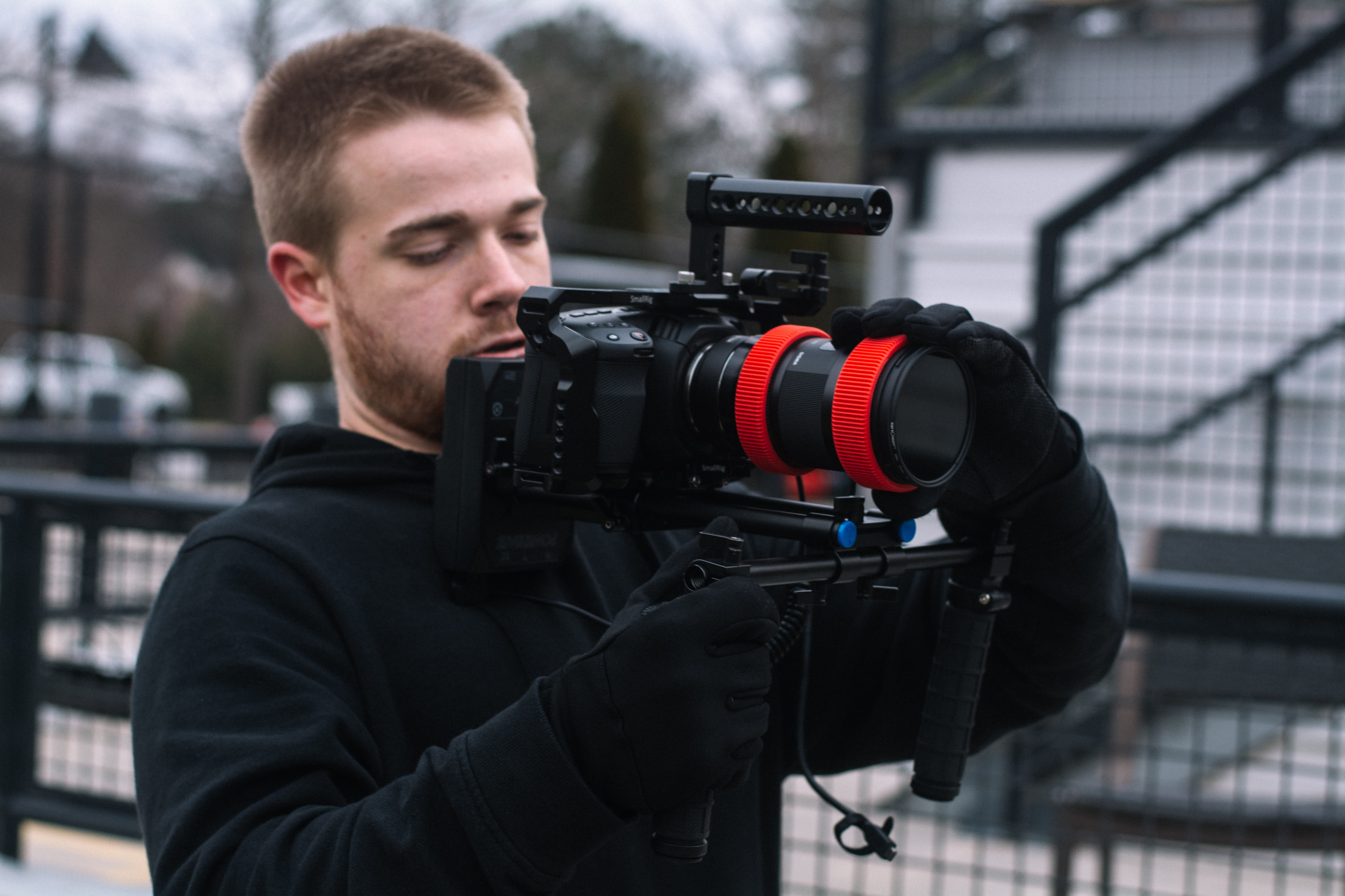 human, outdoors, holding, screen, stabilizer, monitor, nature, 5K, camera - photographic equipment, occupation, pullover, hoodie, photographer, young men, HD Wallpaper