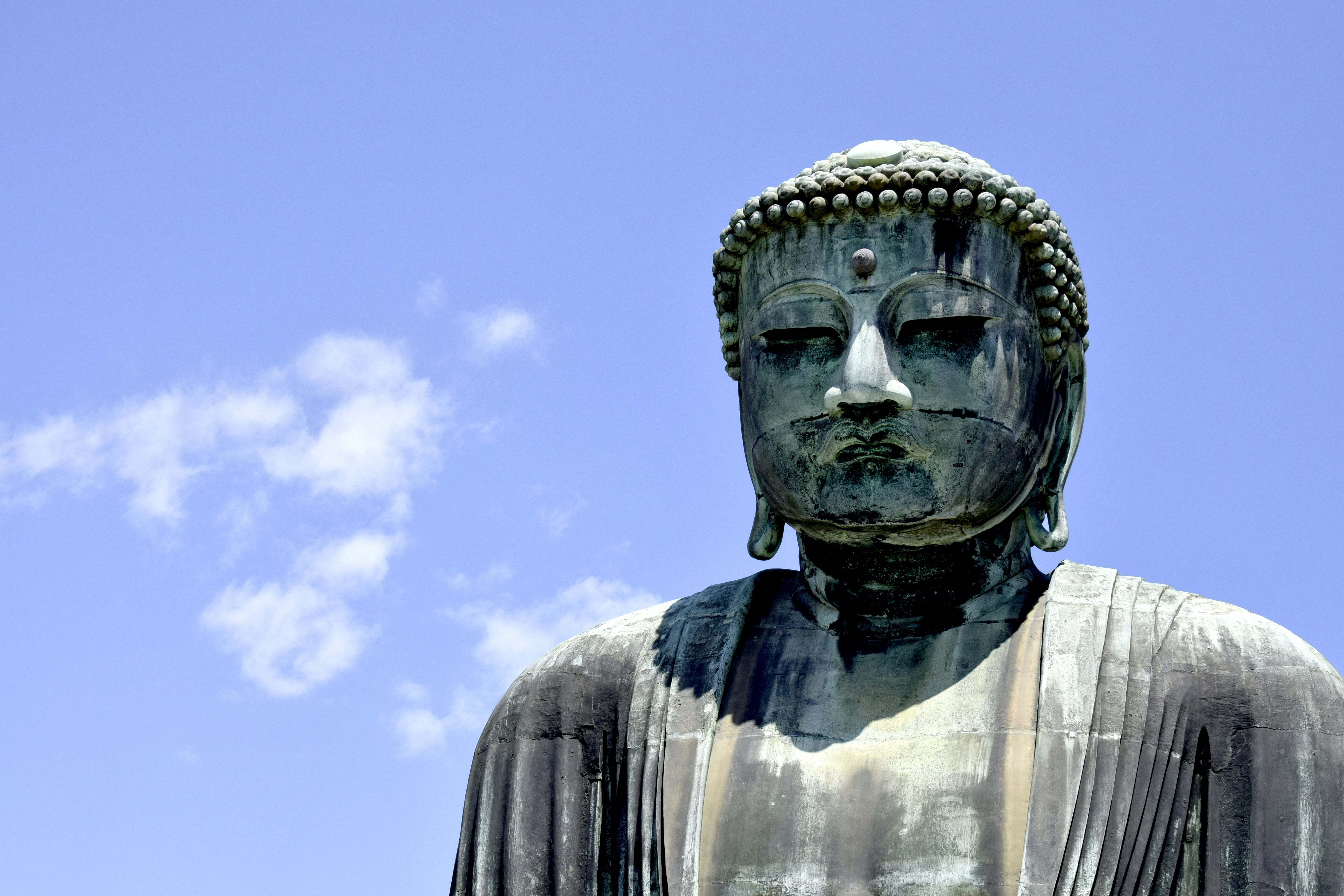 statue, sculpture, sky, religion, buddha, blue, yokohama, human representation, japan, japanese, meditation, cloud - sky, outdoors, steinbuddha, low angle view, HD Wallpaper