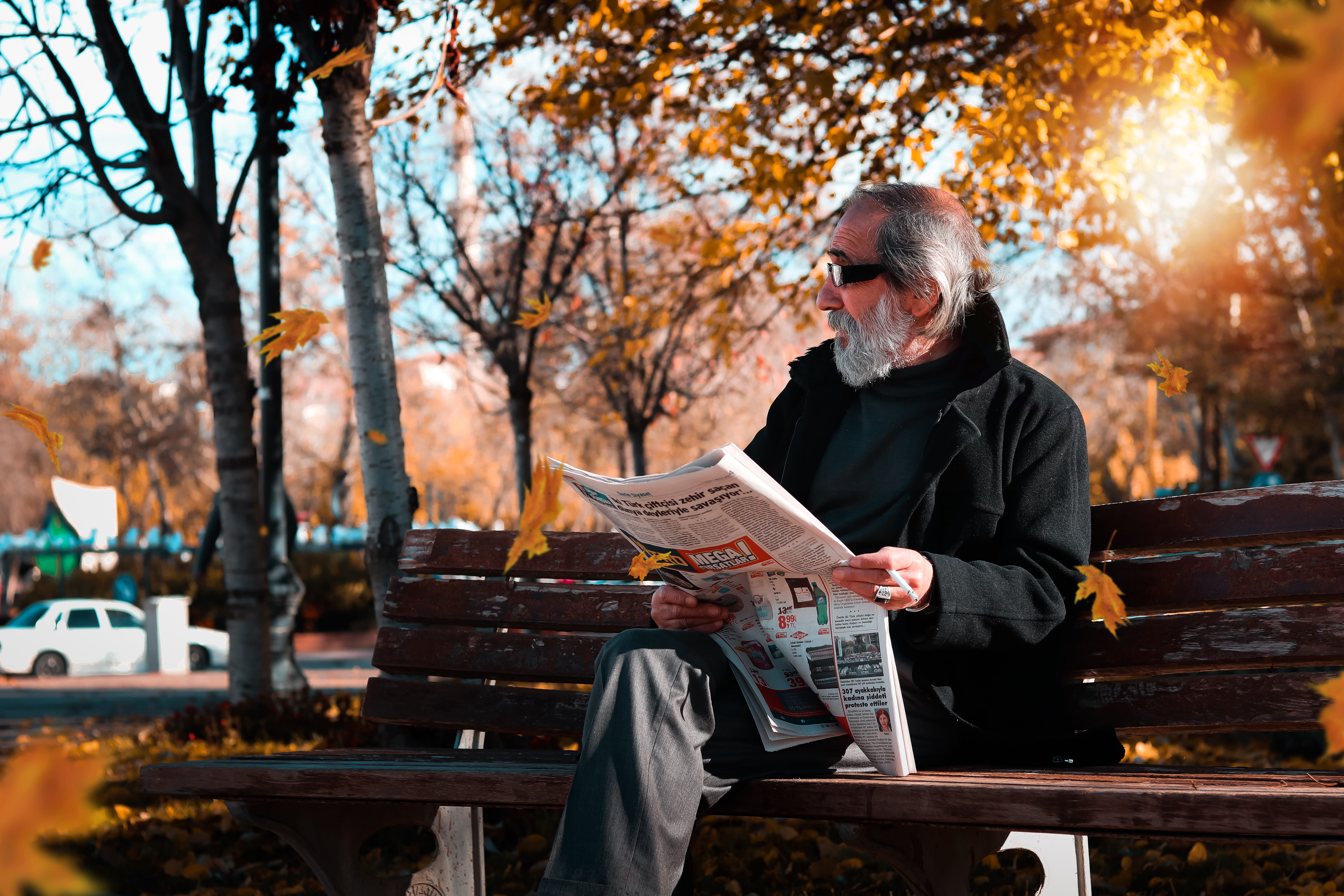 casual clothing, sitting, adult, mature adult, newspaper, bench, senior adult, reading, leisure, plant, publication, day, trees, men, mature men, man, tree, HD Wallpaper