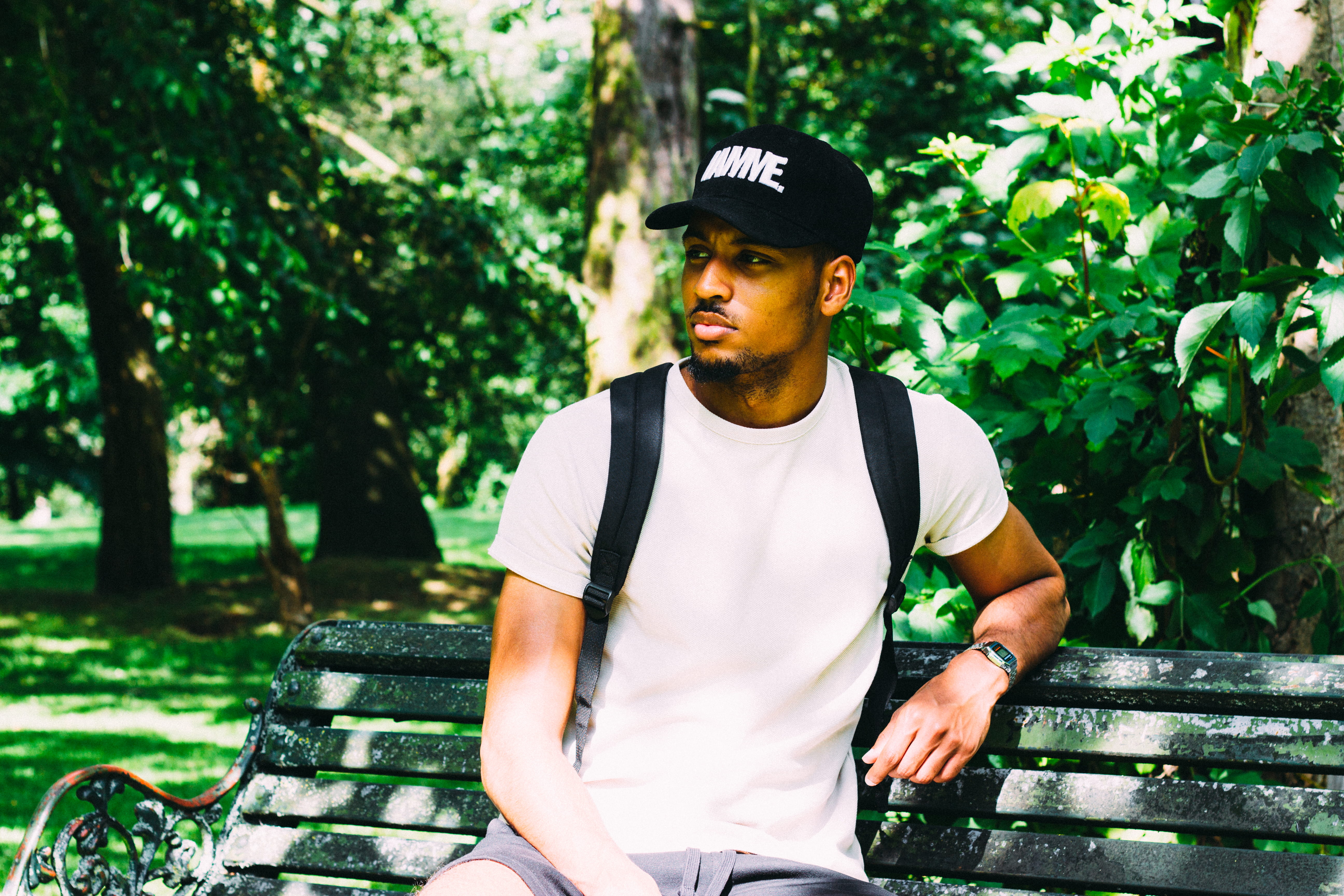 one man only, plant, people, waist up, bench, only men, carrying, park - Man Made Space, focus on foreground, african american, seated, leaning, trees, HD Wallpaper