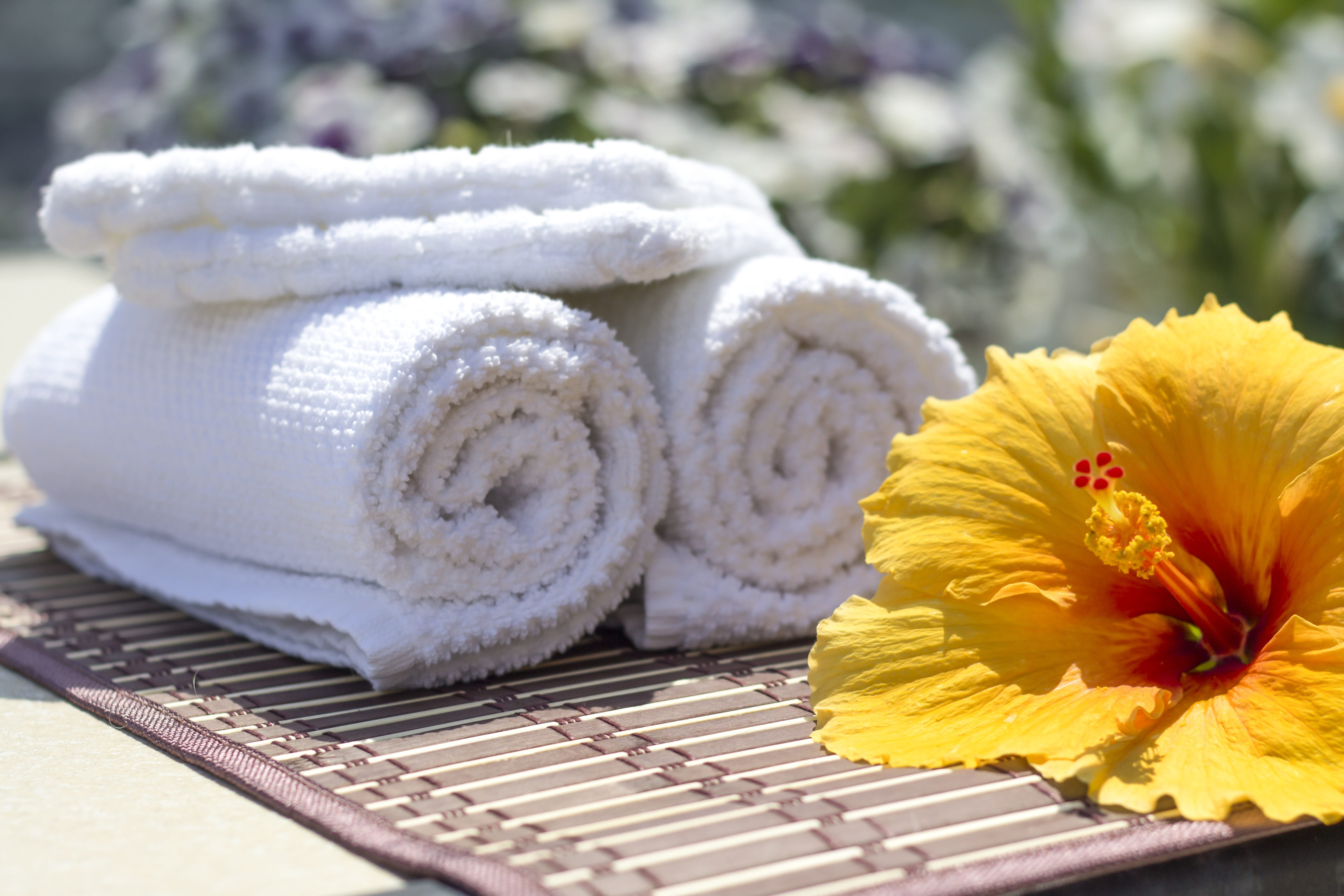 beauty in nature, flowering plant, bath, tranquility, vulnerability, towels, yellow, relaxation, beauty, flower arrangement, focus on foreground, freshness, HD Wallpaper