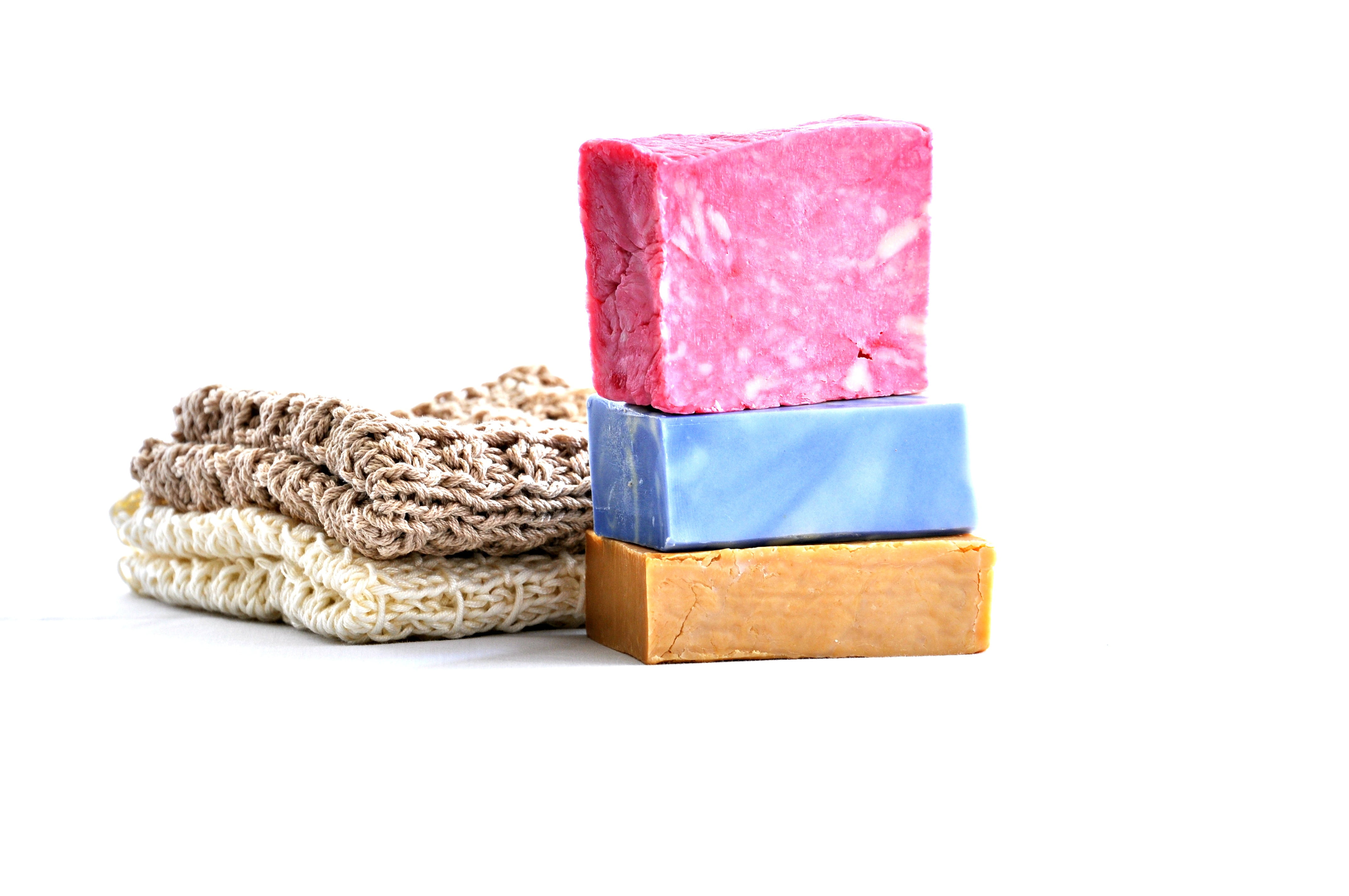 soap, pink, food, red, bars, yellow, still life, no people, white background, bathroom, wood - material, textiles, knitted, wellness, craft, handmade, multi colored, HD Wallpaper