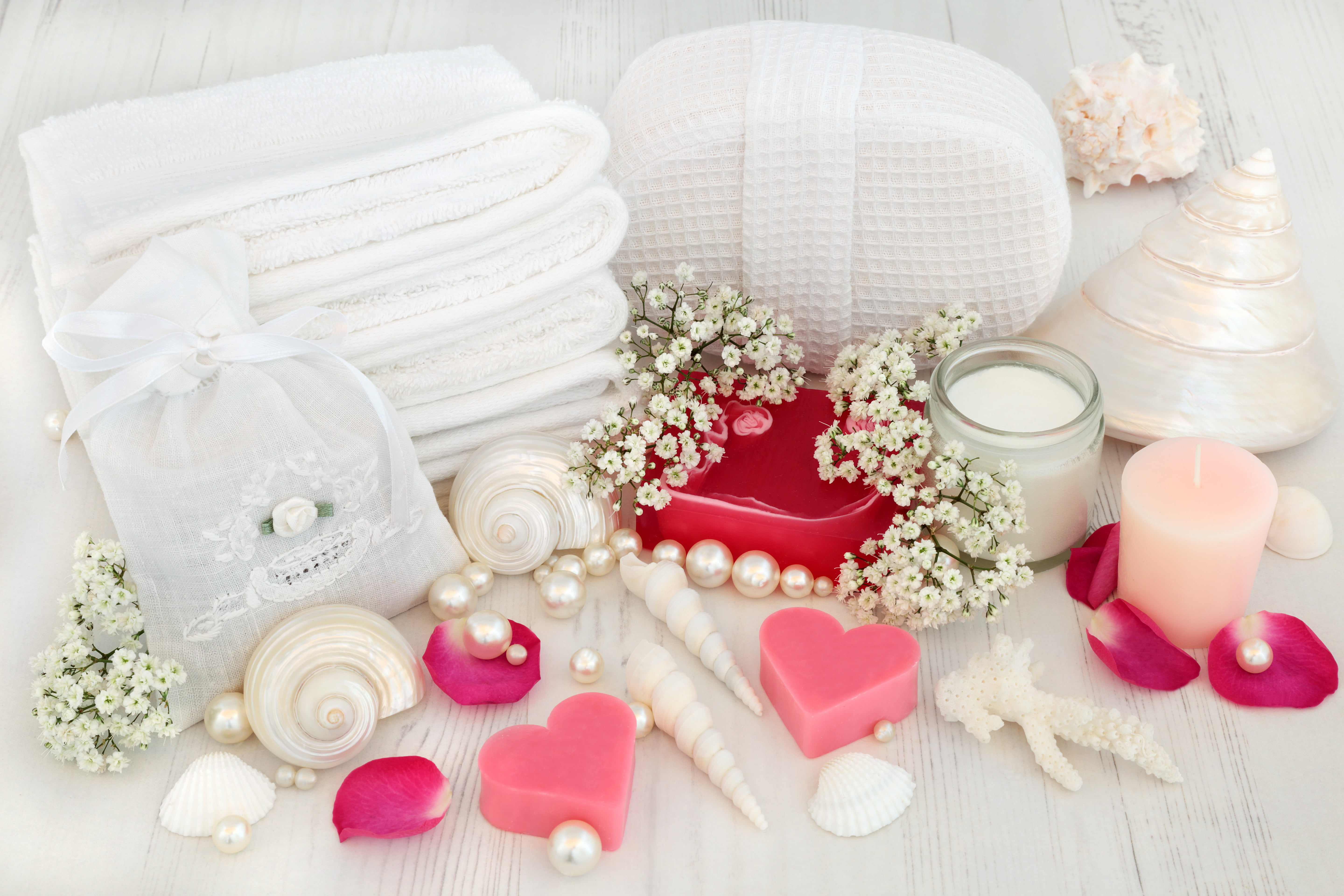shell, 5K, petals, bath, candle, still life, spa, salt, hearts, seashells, flowers, soap, HD Wallpaper