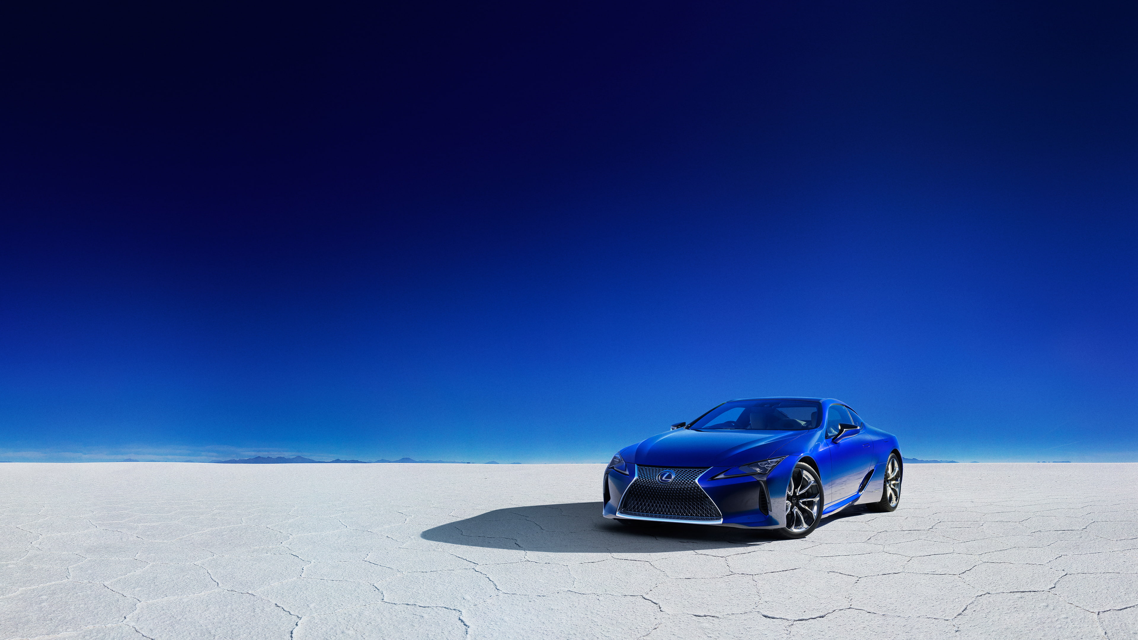 nature, single object, no people, environment, car, sky, travel, sparse, blue, transportation, 4K, copy space, clear sky, salt flat, Lexus LC 500h, land vehicle, HD Wallpaper