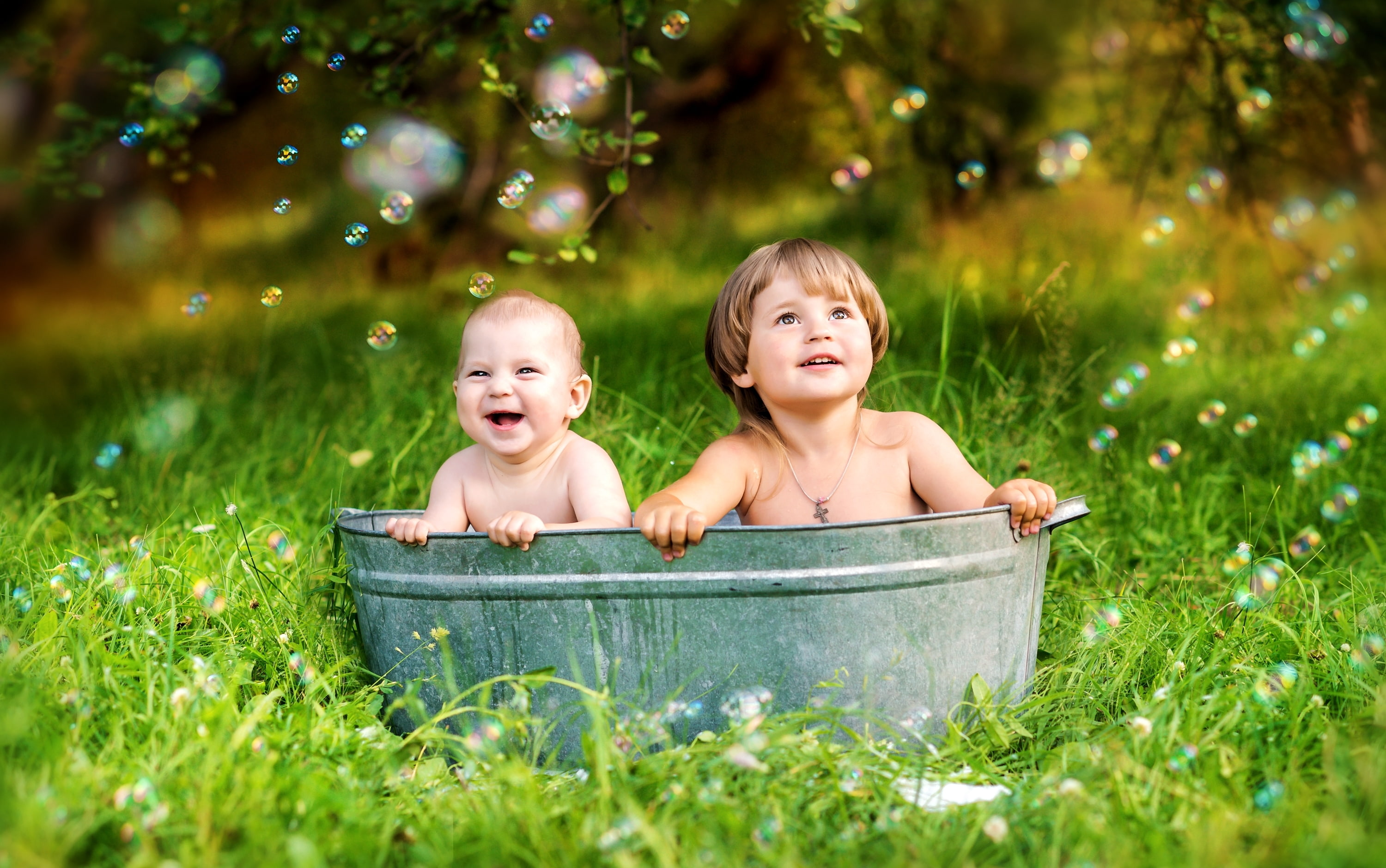 child, happiness, Bubbles, brother, 2K, selective focus, real people, young, togetherness, nature, grass, plant, positive emotion, childhood, baby, sitting, HD Wallpaper