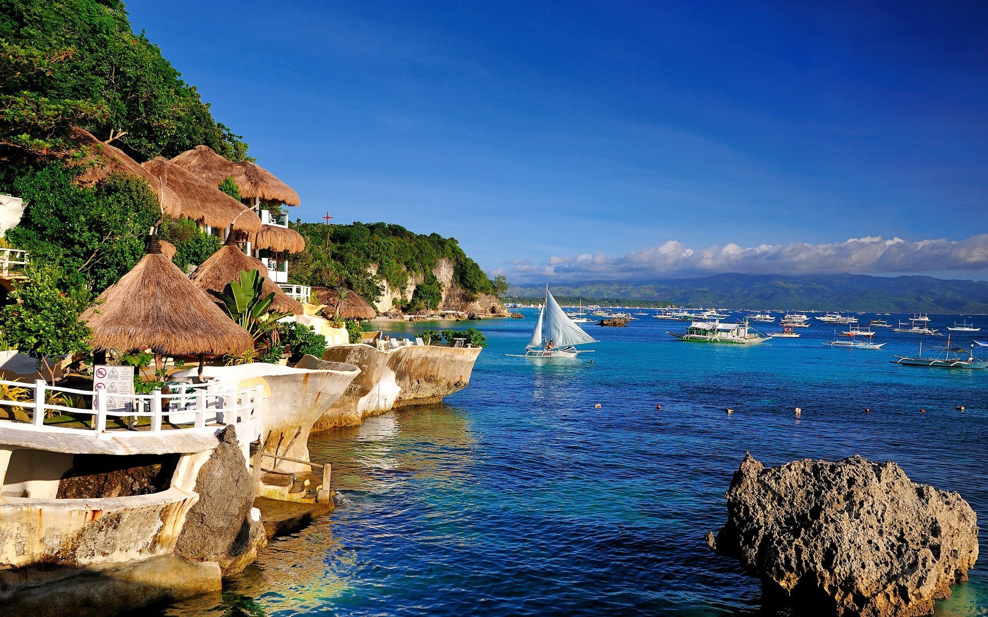 1080P, Blue, Ssailboats, Coast, Water, Huts, Sky, sailboats, Sea, Area, Resort, HD Wallpaper