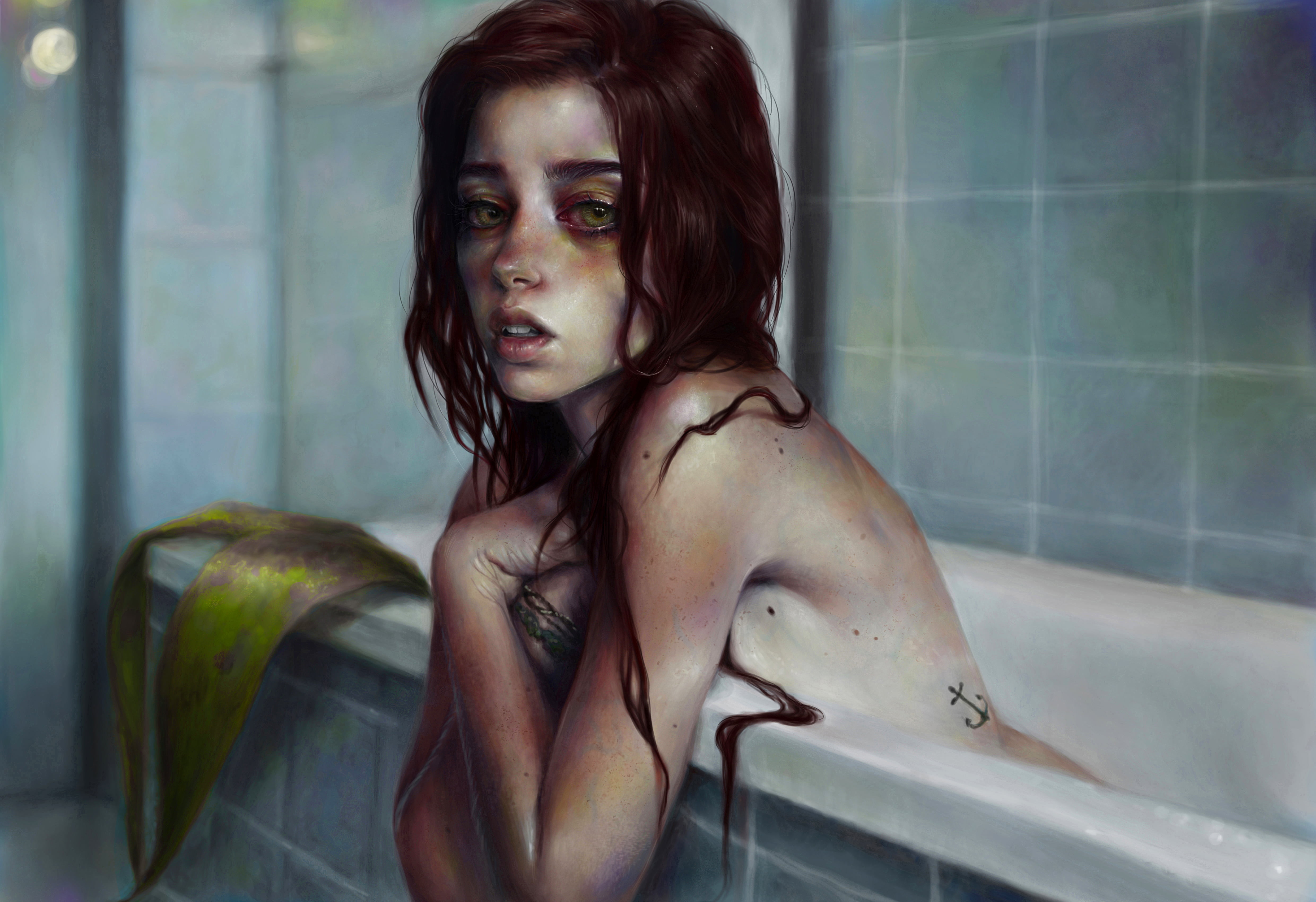 taking a bath, art, one person, contemplation, mermaid, look, young women, domestic room, bath, bathroom, white, indoors, beauty, young adult, red, hairstyle, HD Wallpaper