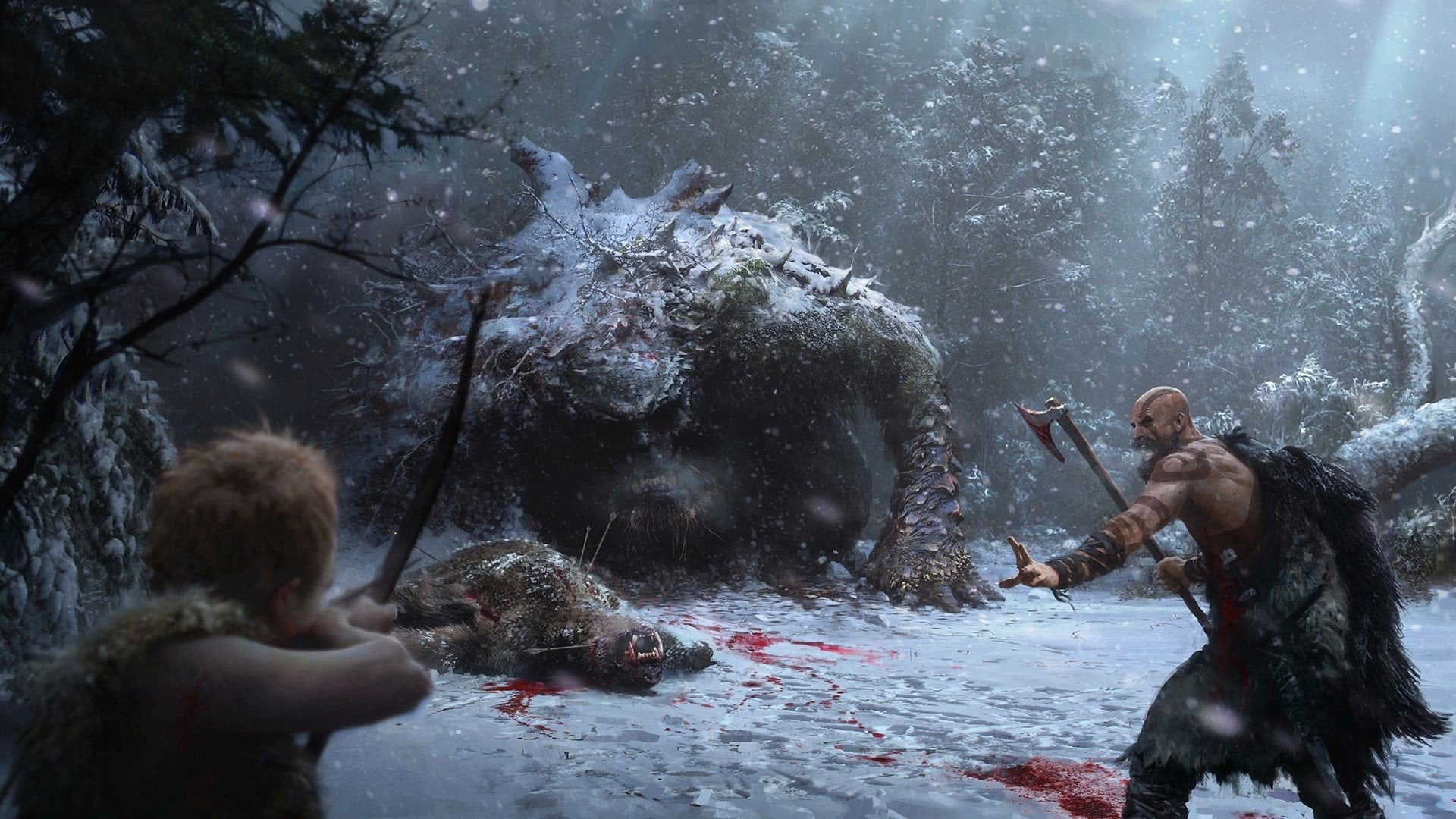 cold temperature, flowing water, splashing, waterfront, day, group of people, nature, water, tree, God of War (2018), God of War, motion, real people, Kratos (God Of War), HD Wallpaper