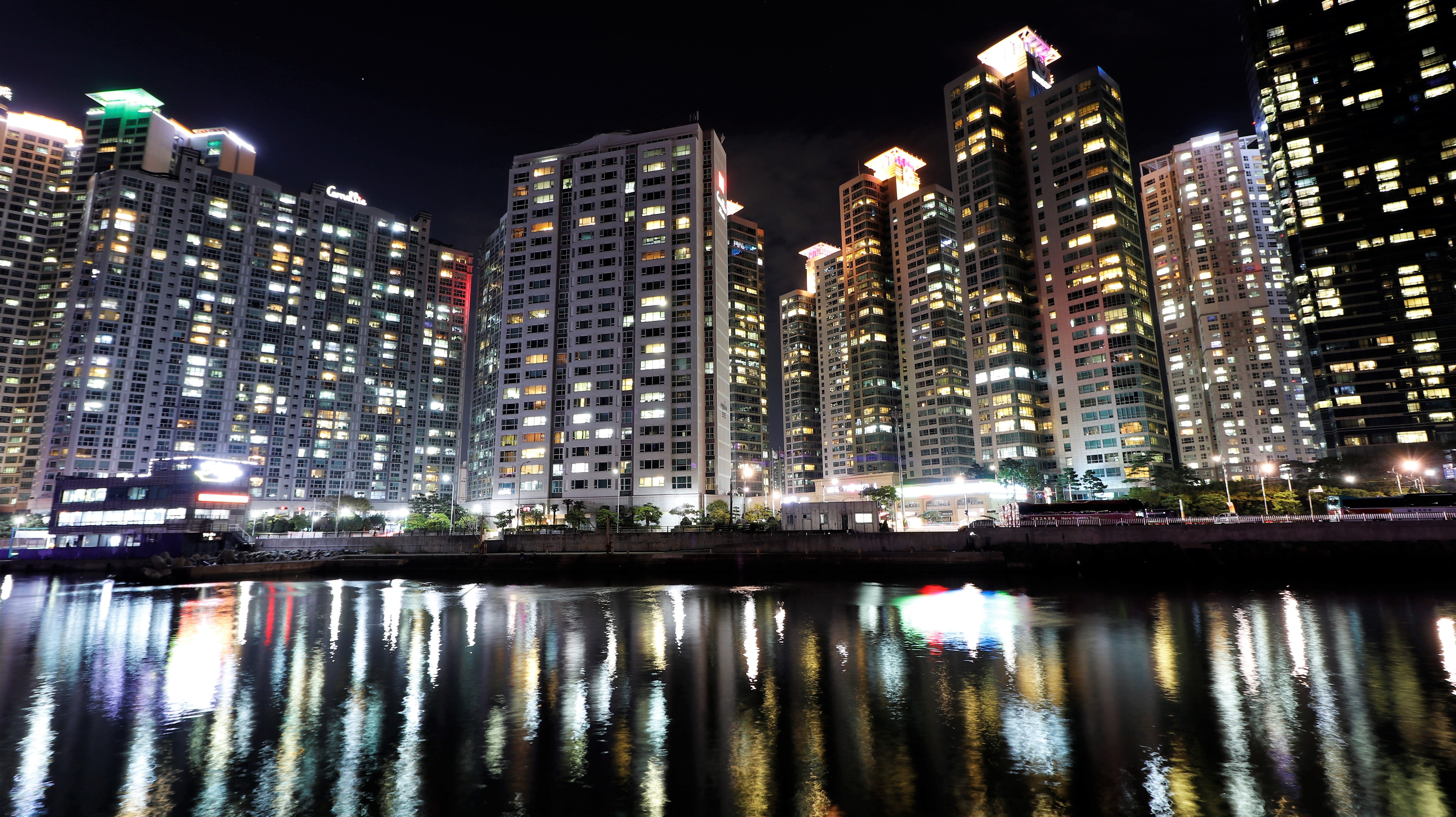 sky, high rise buildings, no people, night, cityscape, republic of korea, bathing beach, building exterior, korea, office building exterior, bay, sea, illuminated, HD Wallpaper