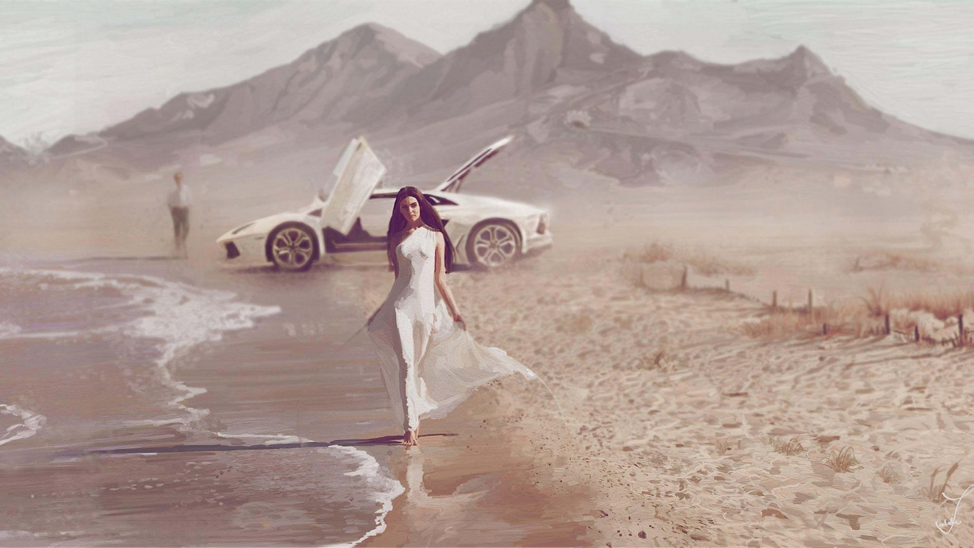 car, men, mountains, women, sea, white clothing, long hair, model, sand, Lamborghini, beach, sports car, Lamborghini Aventador, advertisements, digital art, HD Wallpaper