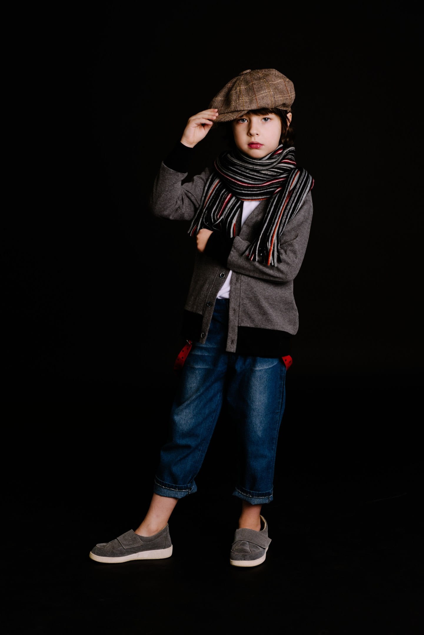 males, standing, indoors, black background, jeans, one, full length, childhood, portrait, fashion, one person, looking at camera, offspring, innocence, Phone HD Wallpaper