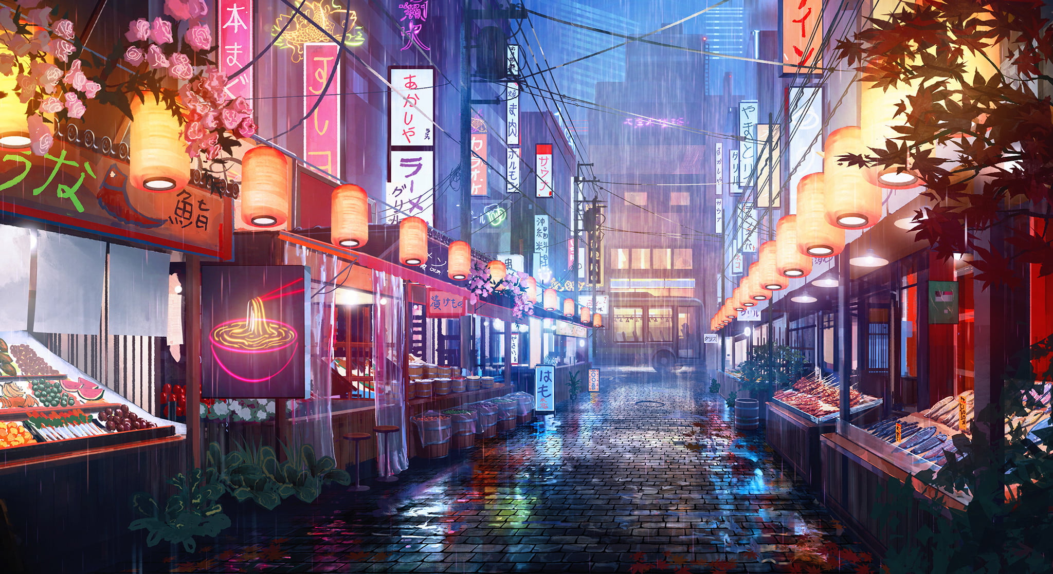 Japanese Art, night, rain, Market, 1080P, digital art, Surendra Rajawat, street, HD Wallpaper