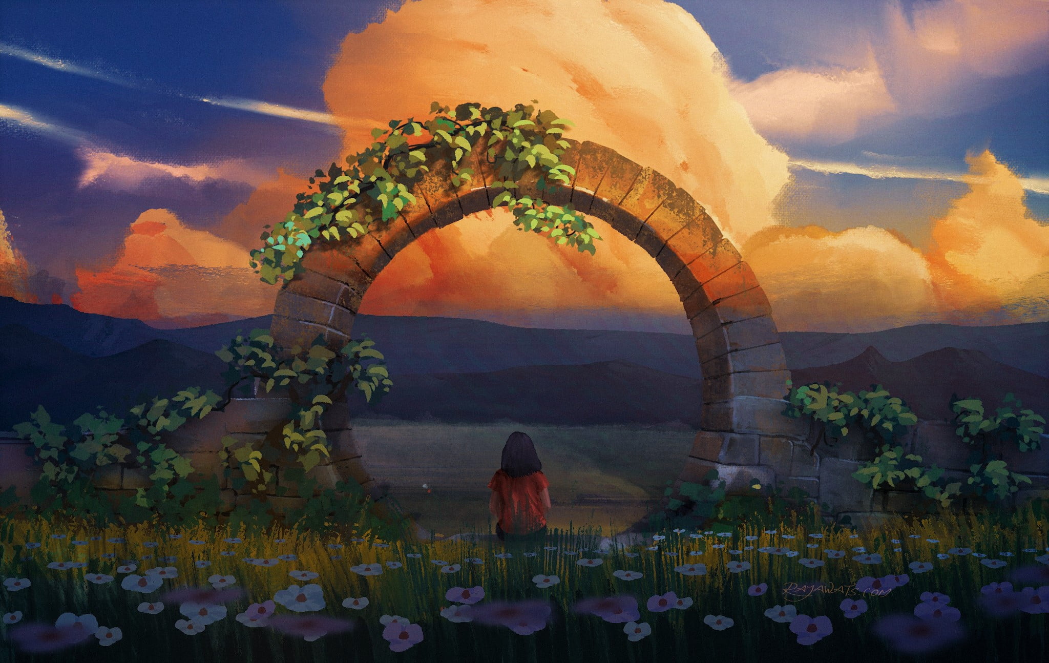 field, Surendra Rajawat, 1080P, sky, flowers, HD Wallpaper