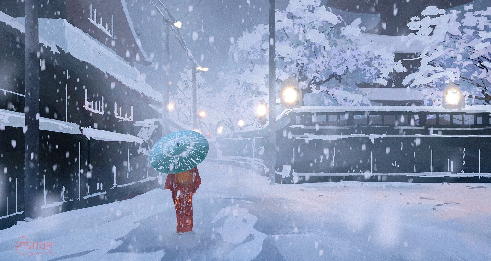night, 1080P, winter, anime girls, umbrella, kimono, anime, Surendra Rajawat, original characters, snow, HD Wallpaper