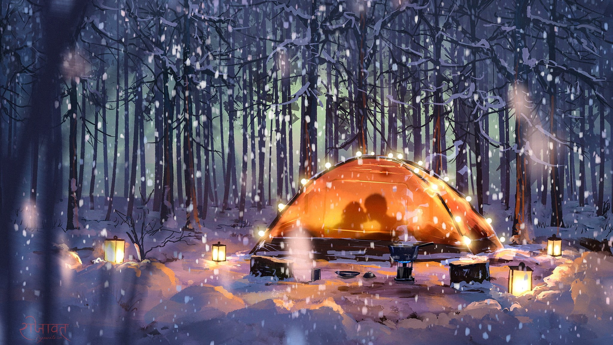 anime, snow, couple, winter, 1080P, Surendra Rajawat, forest, lantern, night, HD Wallpaper