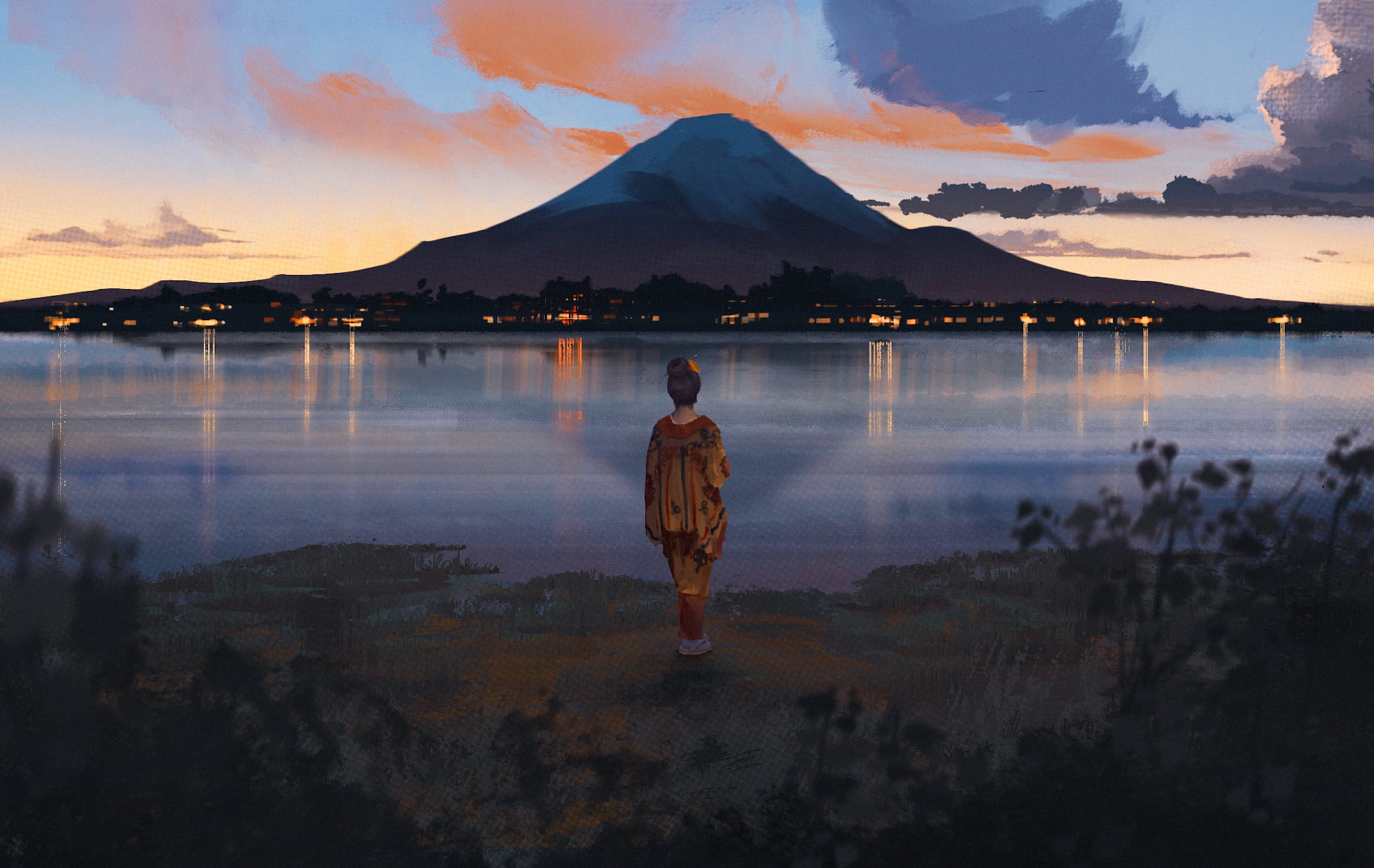 Fuji Mountain, clouds, landscape, Surendra Rajawat, digital art, artwork, Japanese clothes, reflection, 1080P, HD Wallpaper