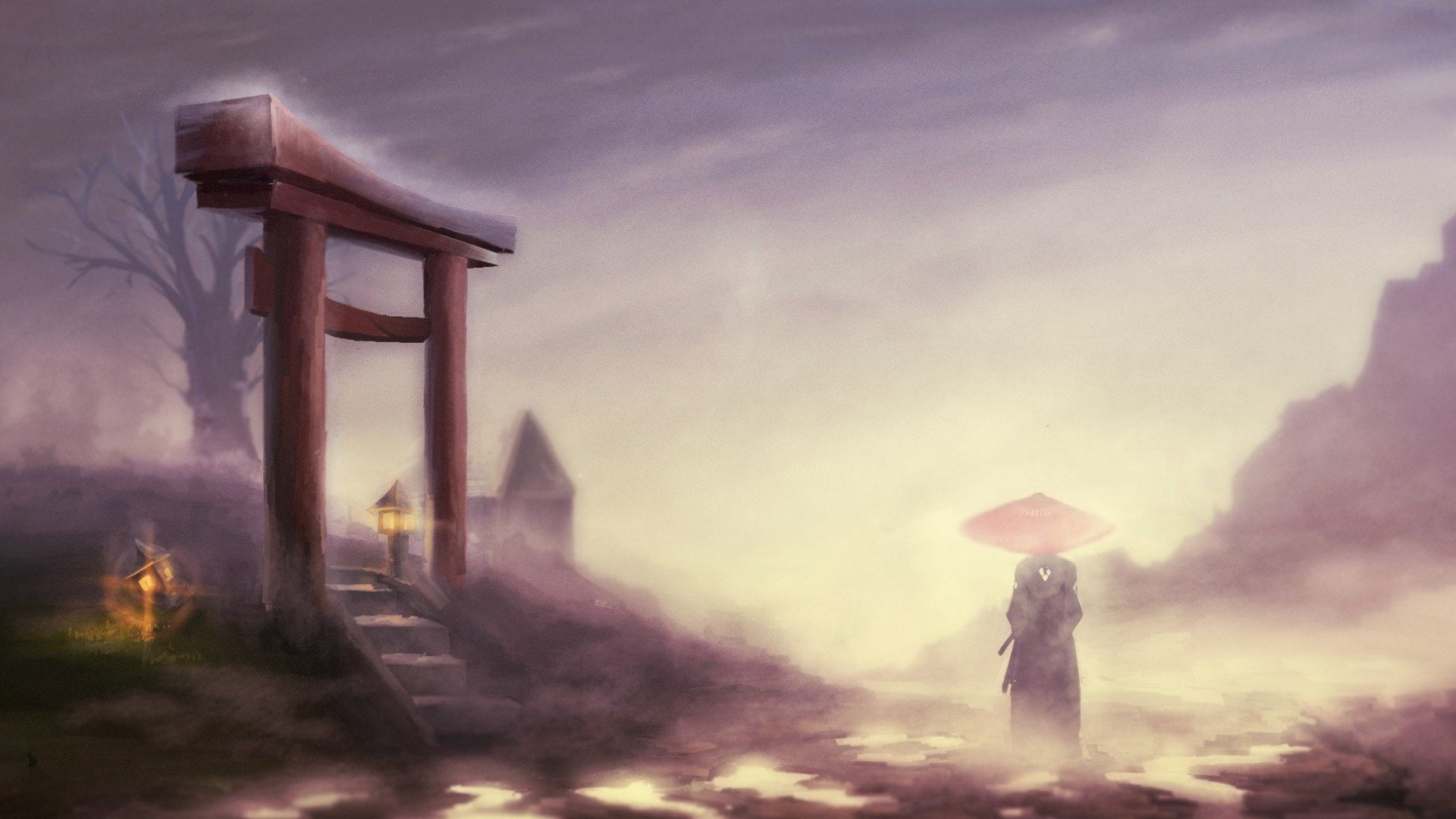 dusk, environment, cloud - sky, land, Torii, architecture, textured effect, 1080P, tranquility, one person, religion, sky, belief, rear view, Umbrella, HD Wallpaper
