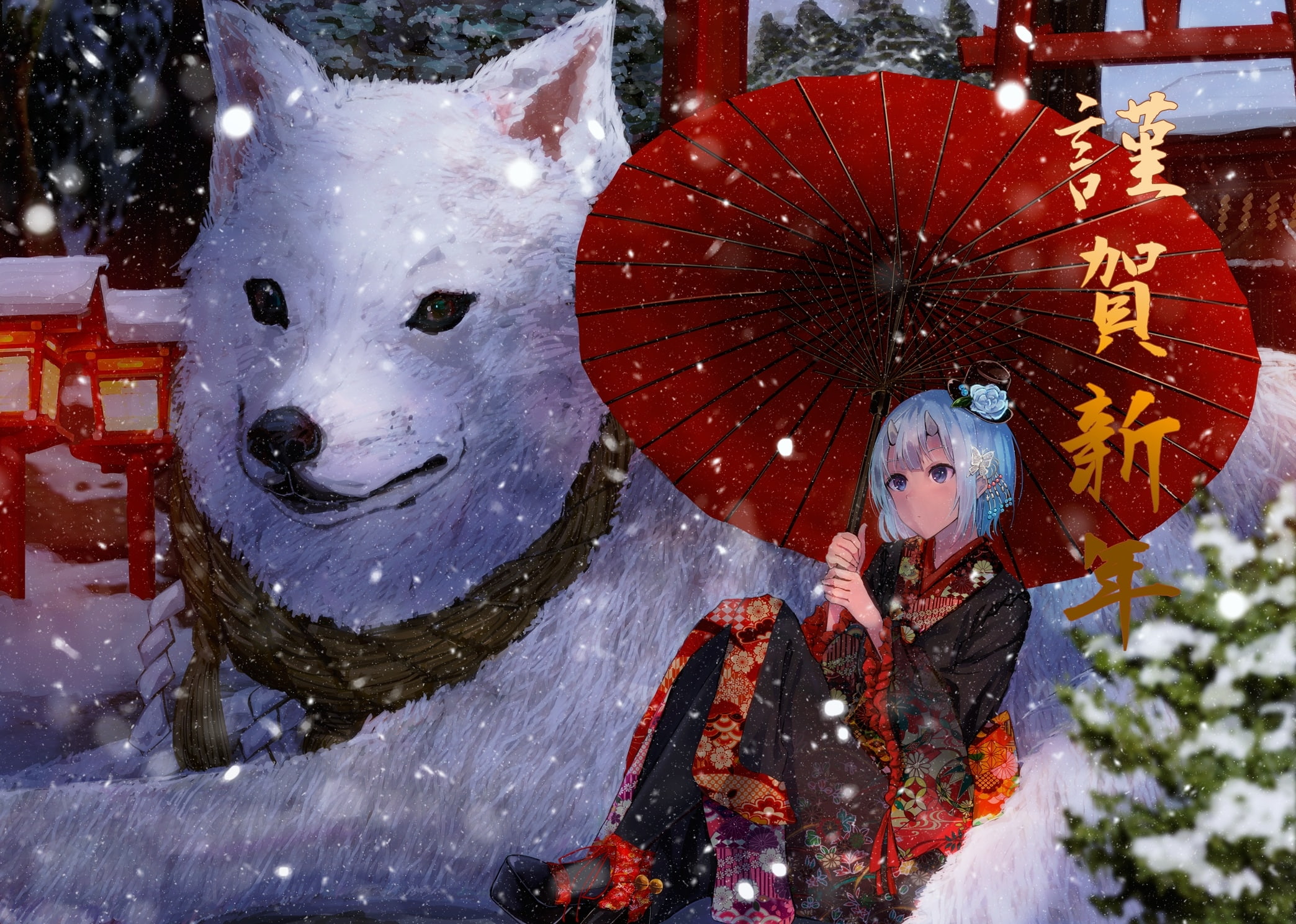 outdoors, cold temperature, adult, front view, clothing, umbrella, demon, winter, torii, celebration, Anime, nature, representation, aqua hair, snow, kimono, HD Wallpaper