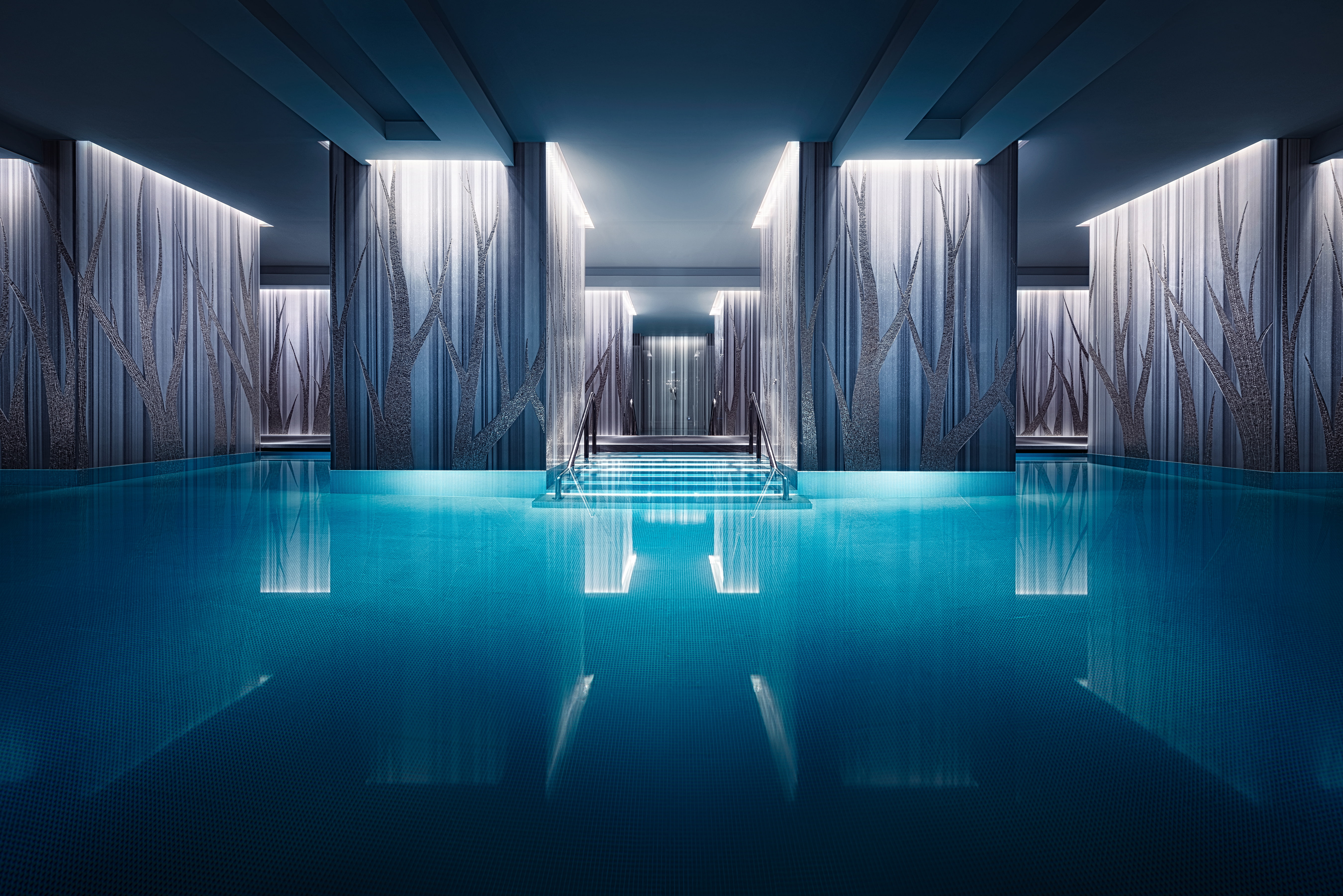 Columns, Hotel, 5K, Water, Modern architecture, 5K, Pool, HD Wallpaper
