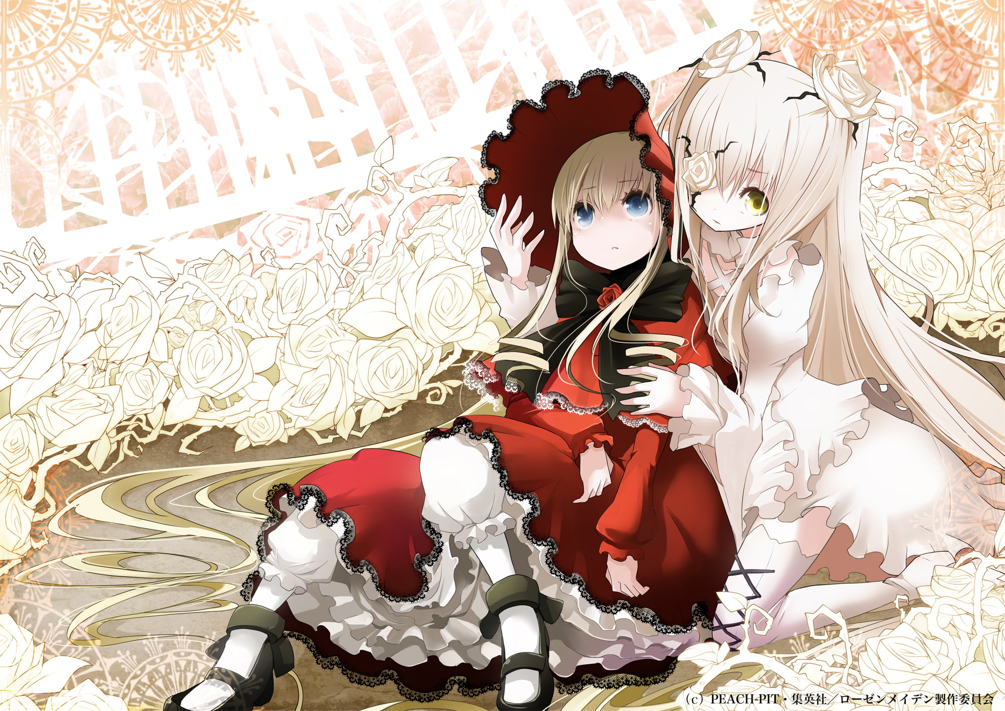 blue, hat, girls, dress, shinku, hair, long, flowers, blonde, socks, bow, kirakishou, watermark, maiden, eyes, yellow, tansuke, 1080P, thighhighs, rozen, HD Wallpaper