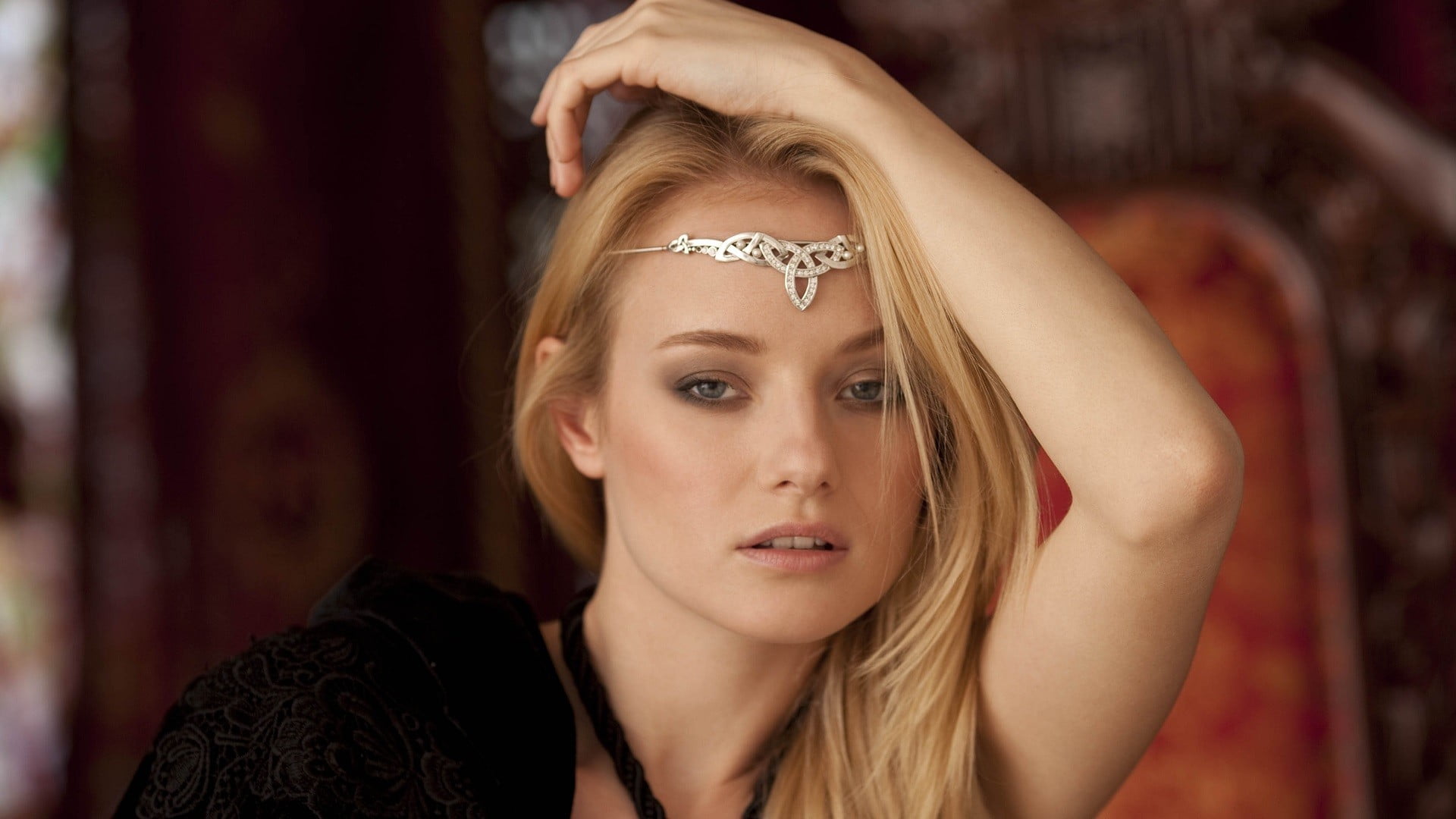 adult, long hair, blonde, headband, colored, beauty, tiaras, focus on foreground, portrait, jewelry, young women, looking at camera, front view, Gadriella, HD Wallpaper