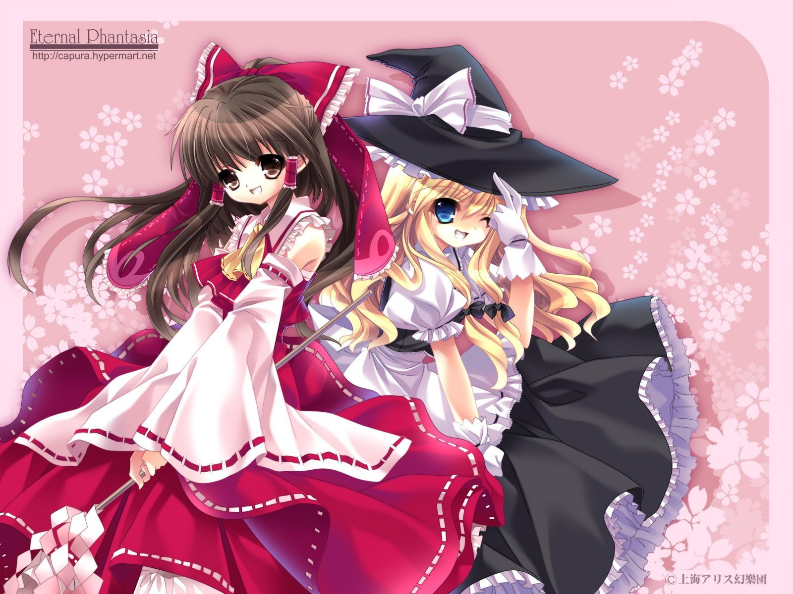 kirisame, blondes, witch, long, reimu, marisa, bows, hair, brunettes, 720P, miko, aprons, blue, maiden, eyes, hakurei, detached, brown, wink, hats, shrine, HD Wallpaper